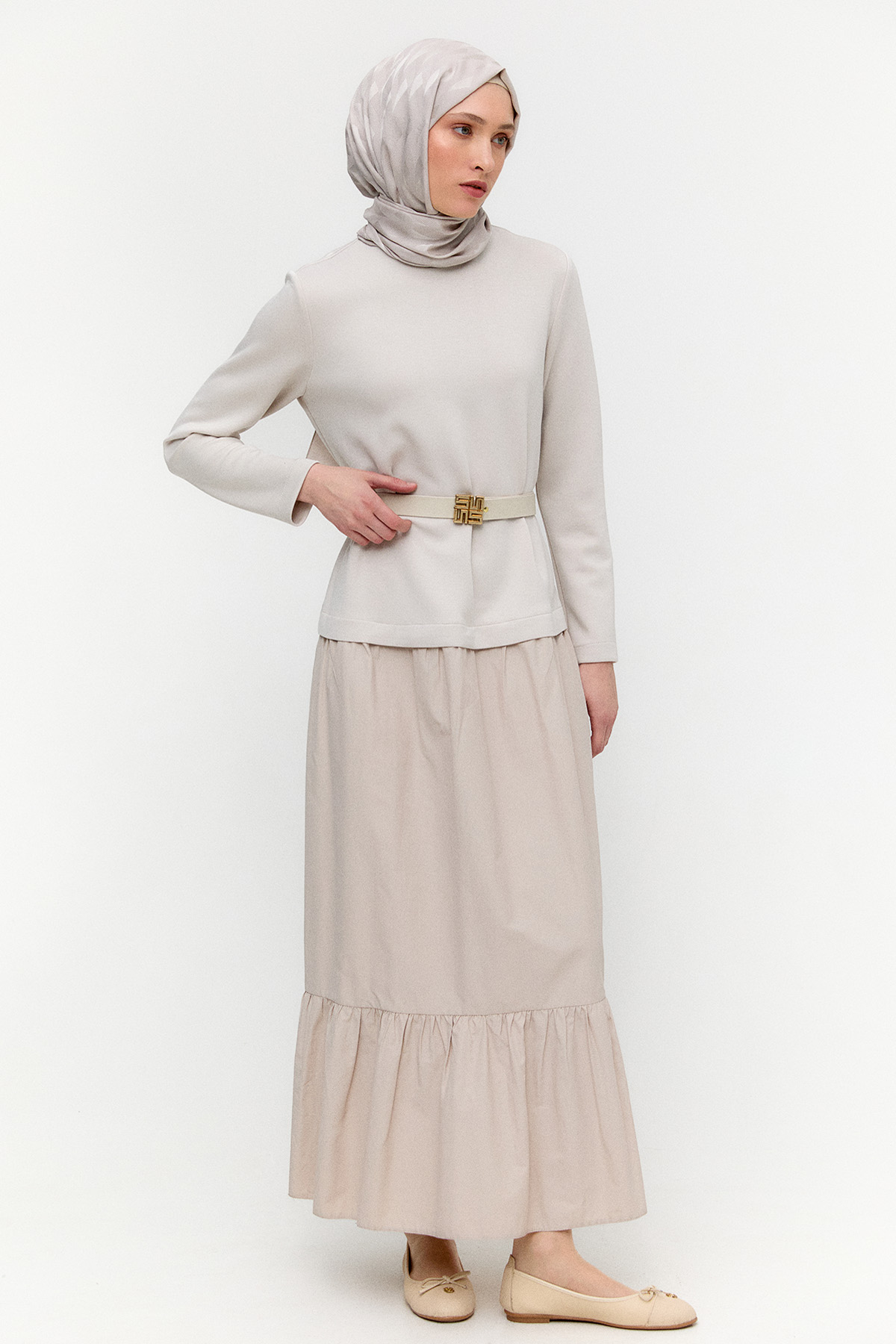 Logo Kemerli Büzgülü Elbise, Tesettür Giyim