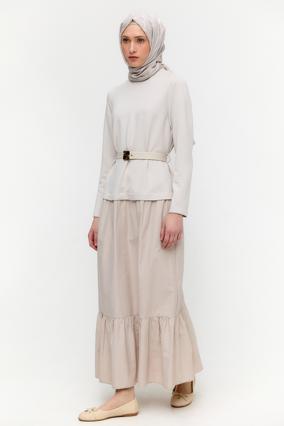 Logo Kemerli Büzgülü Elbise, Tesettür Giyim