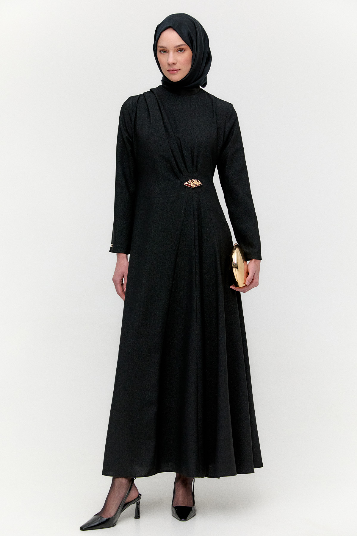 Simli Drapeli Broşlu Davet Elbise, Tesettür Giyim