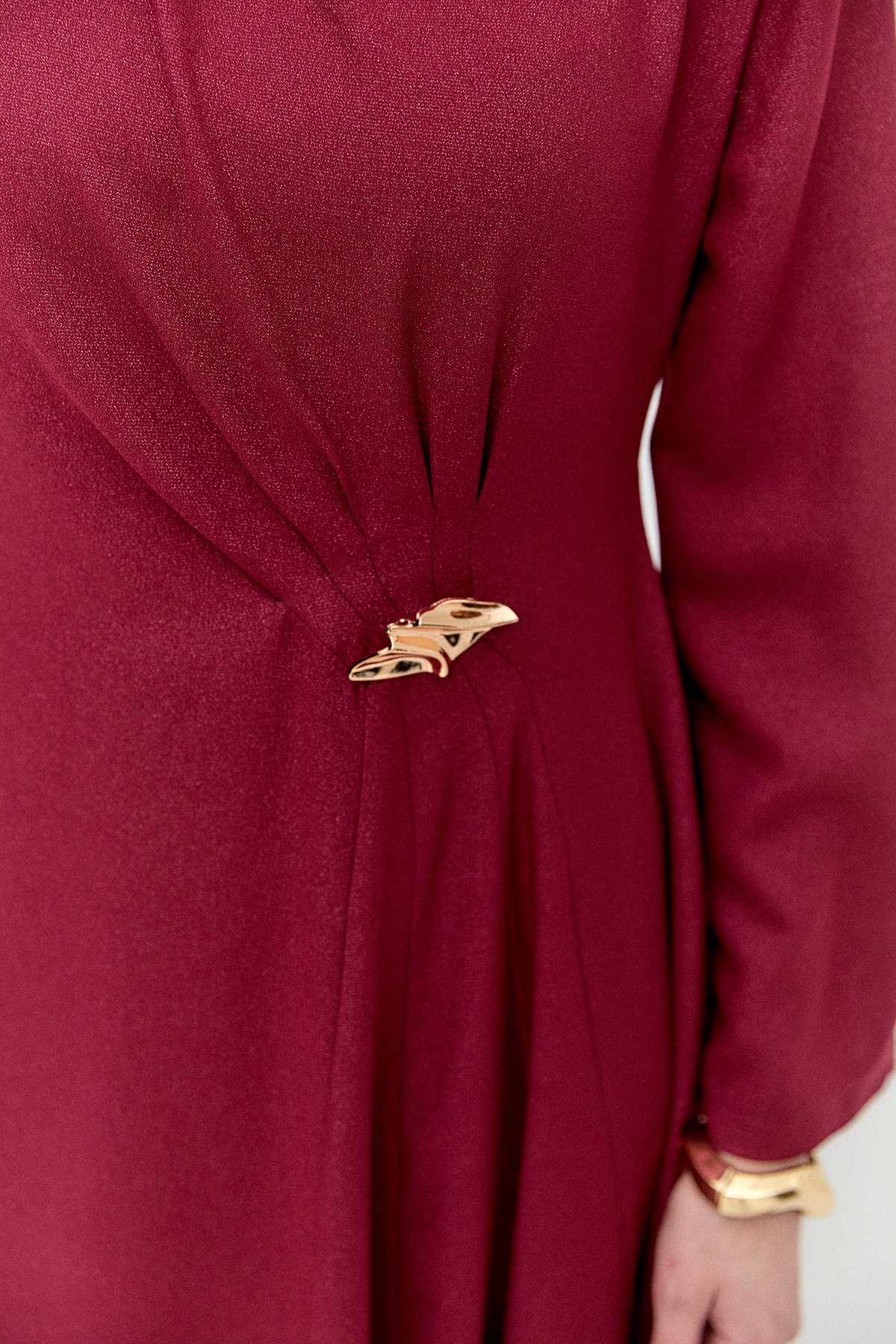 Simli Drapeli Broşlu Davet Elbise, Tesettür Giyim