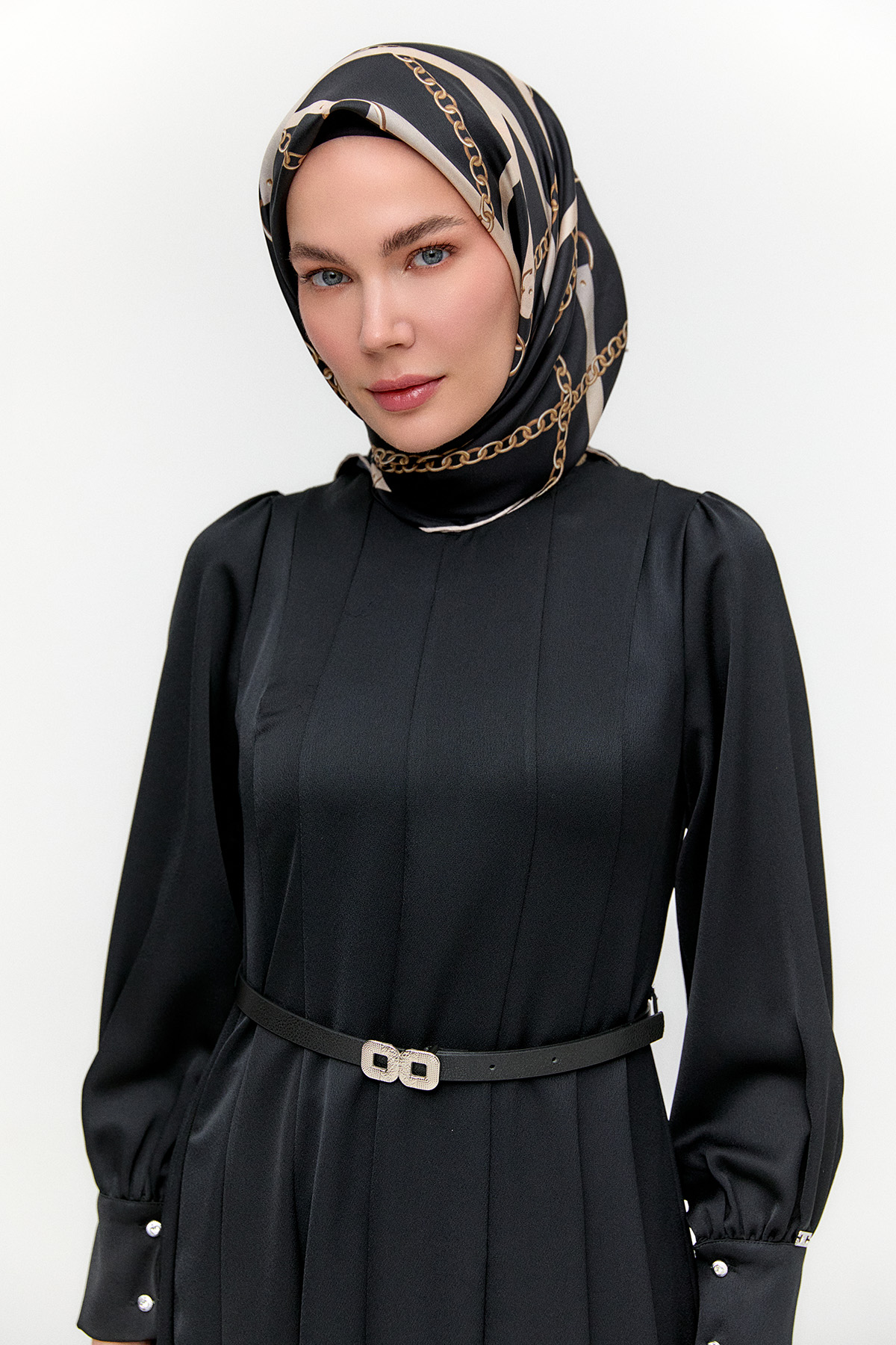 Kemerli Saten Davet Elbise, Tesettür Giyim