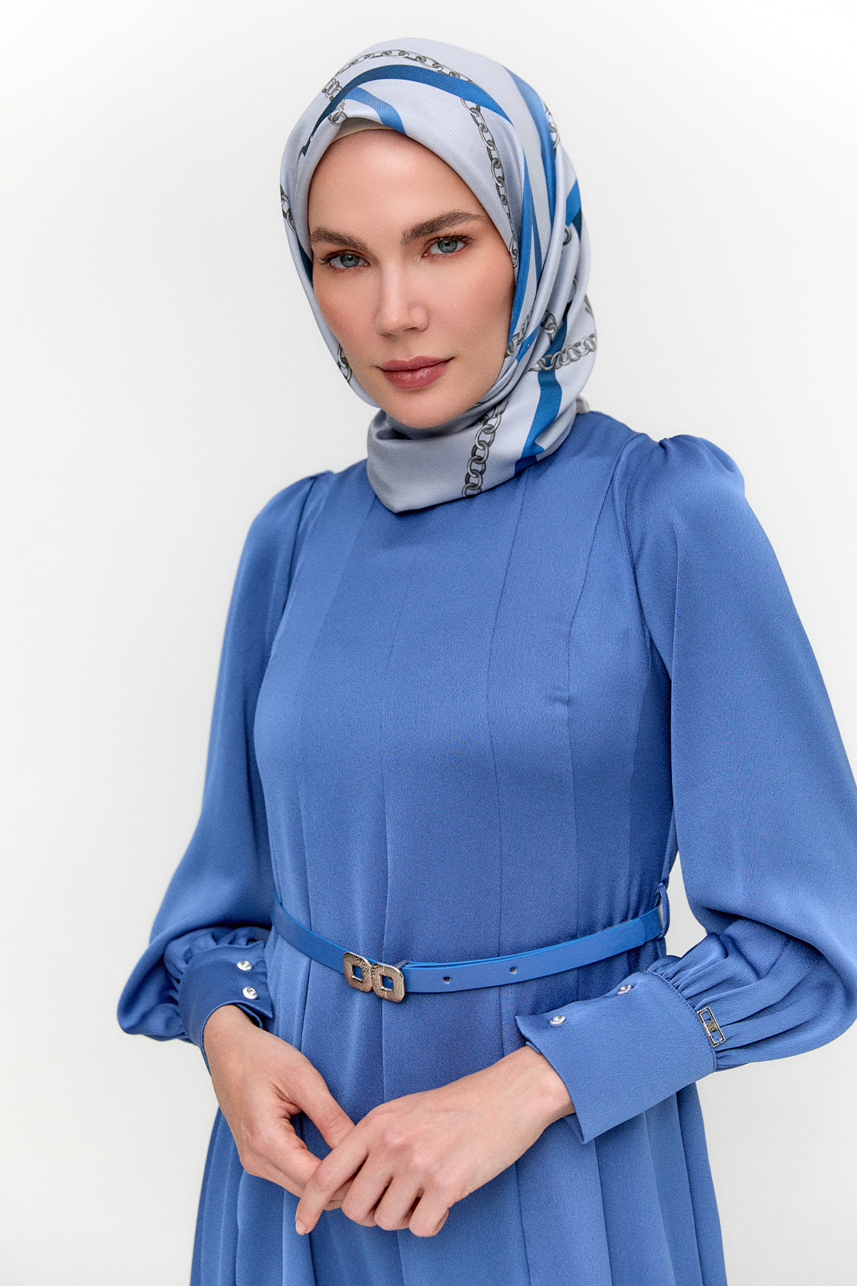 Kemerli Saten Davet Elbise, Tesettür Giyim