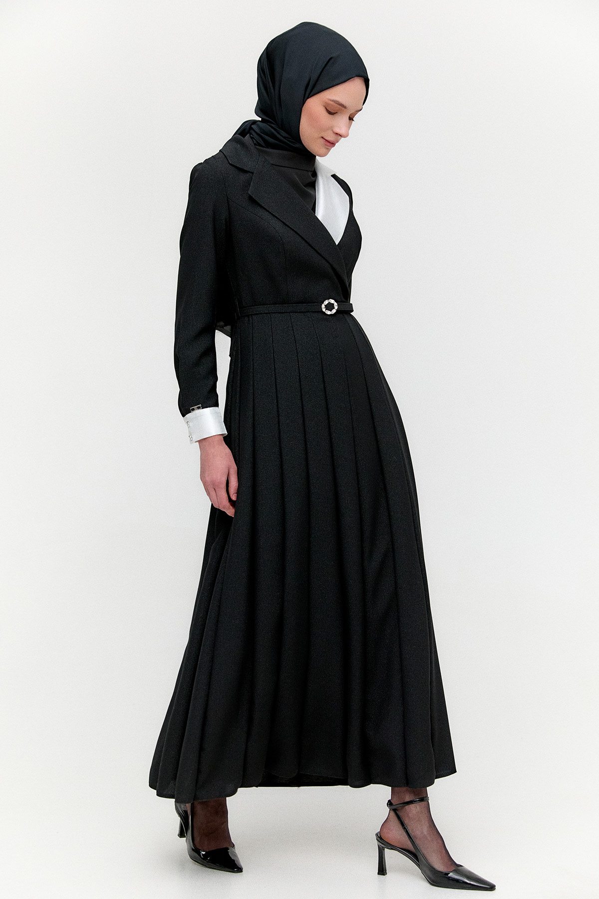 Gömlek Yaka Volanlı Uzun Elbise, Tesettür Giyim