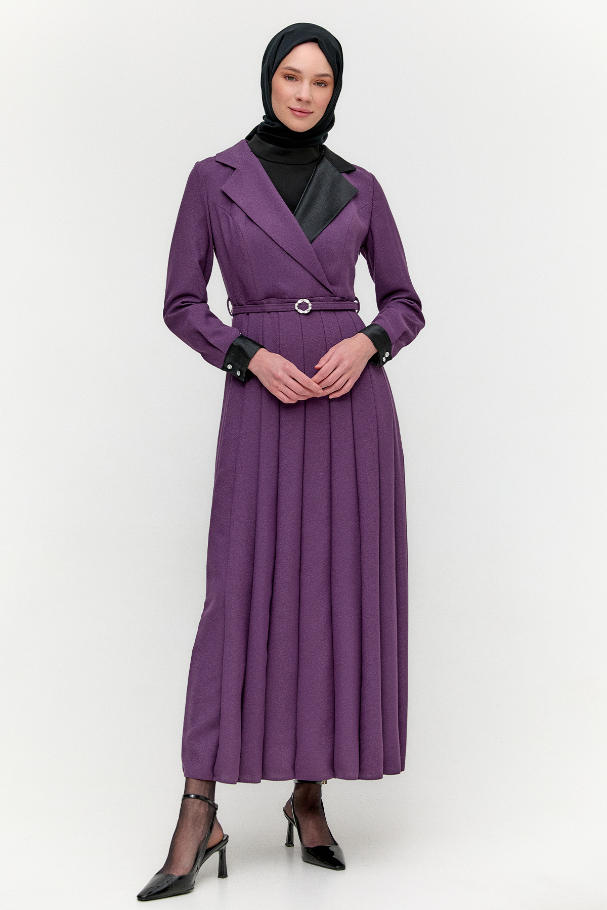 Gömlek Yaka Volanlı Uzun Elbise, Tesettür Giyim