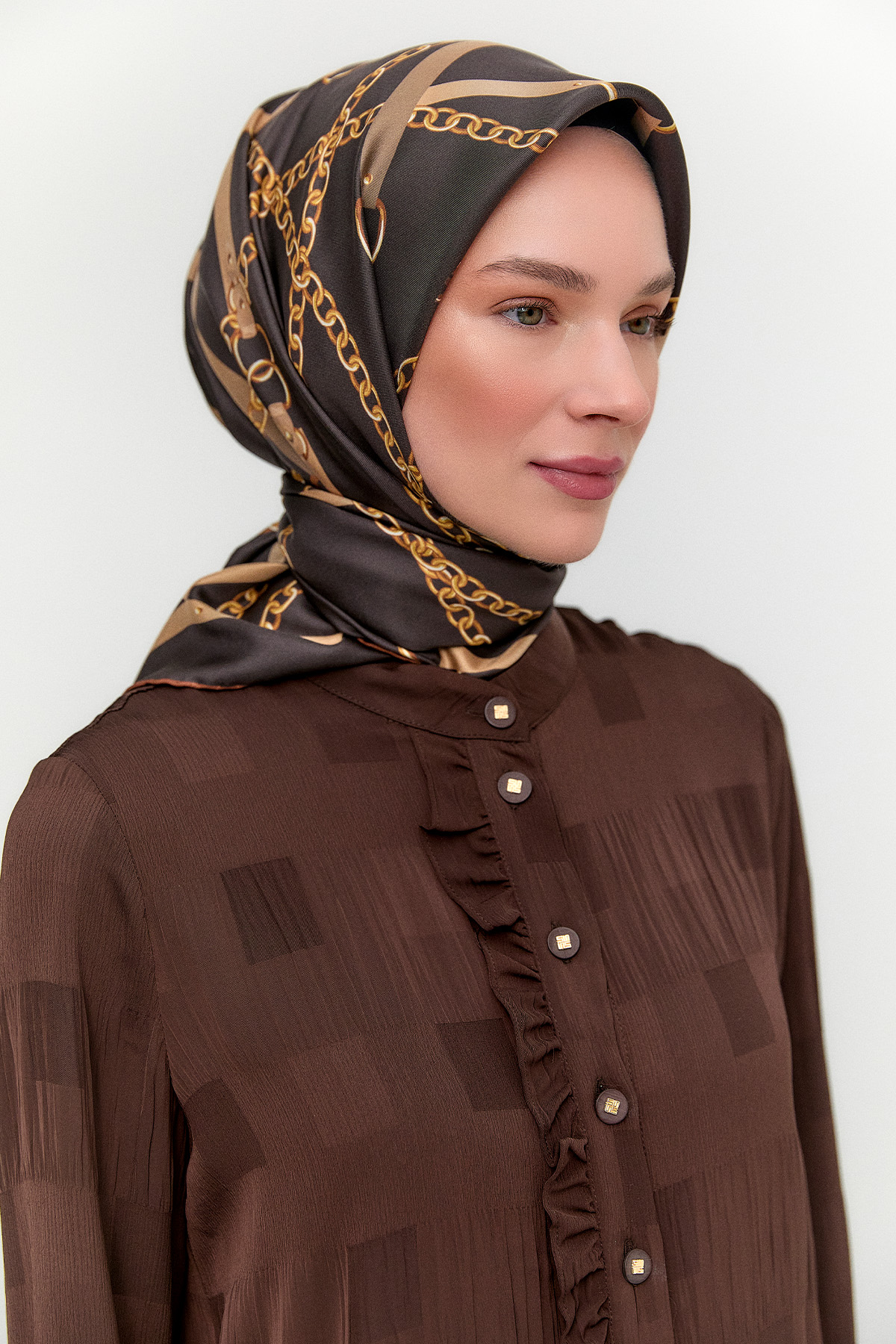 Zincir Desenli Twill İpek Eşarp, Tesettür Giyim