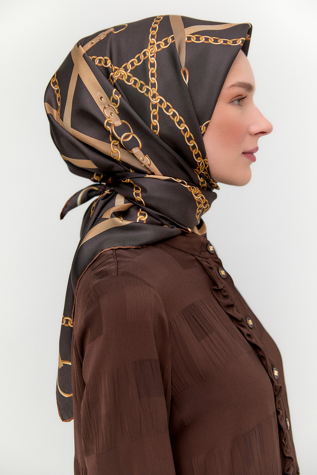 Zincir Desenli Twill İpek Eşarp, Tesettür Giyim