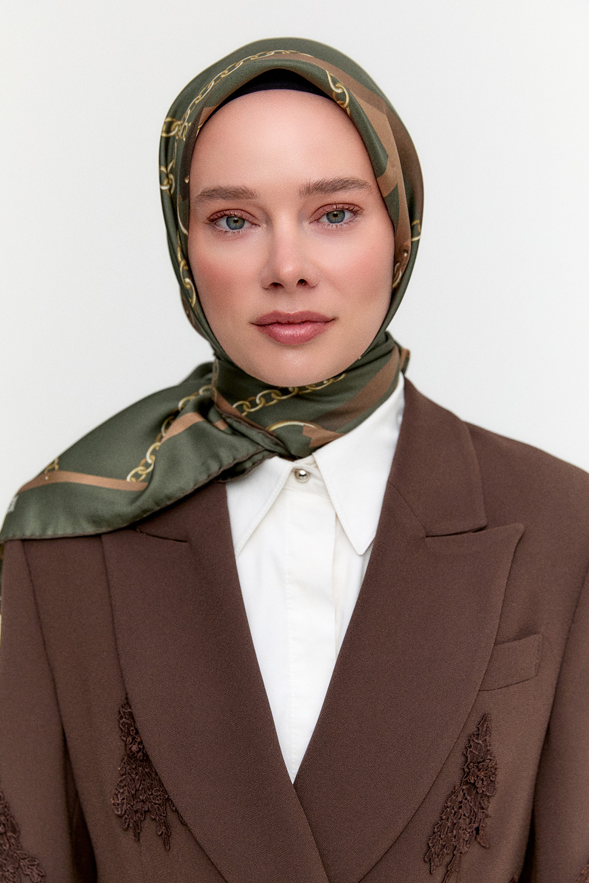 Zincir Desenli Twill İpek Eşarp, Tesettür Giyim