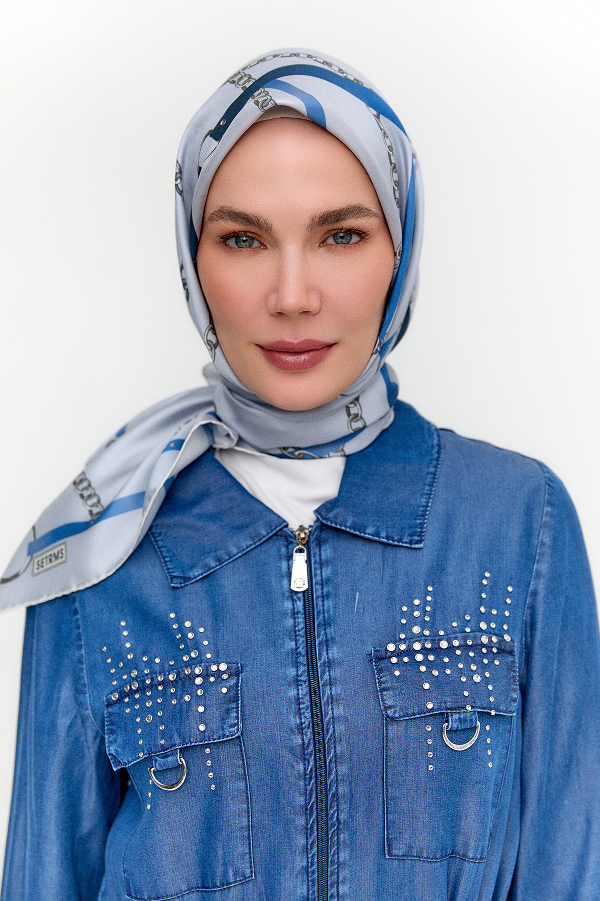 Zincir Desenli Twill İpek Eşarp, Tesettür Giyim