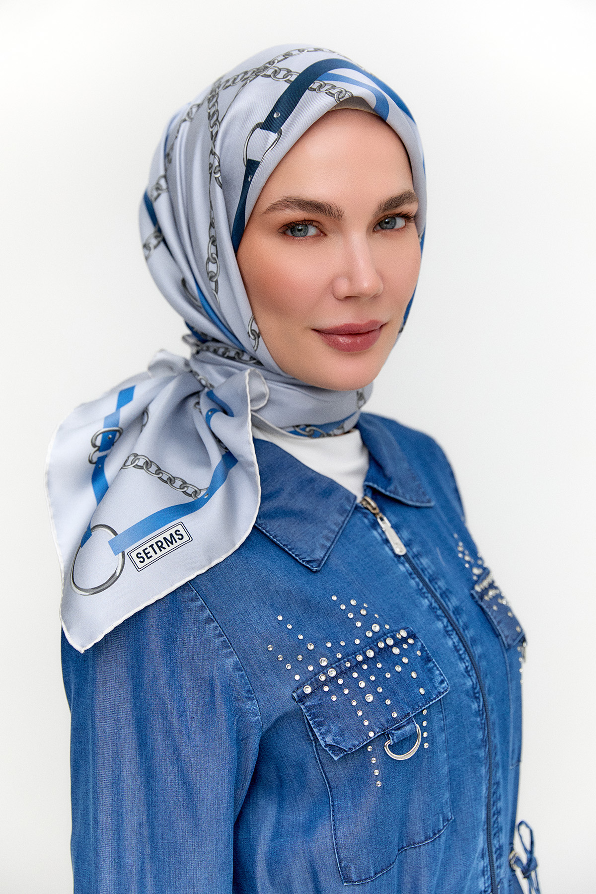 Zincir Desenli Twill İpek Eşarp, Tesettür Giyim