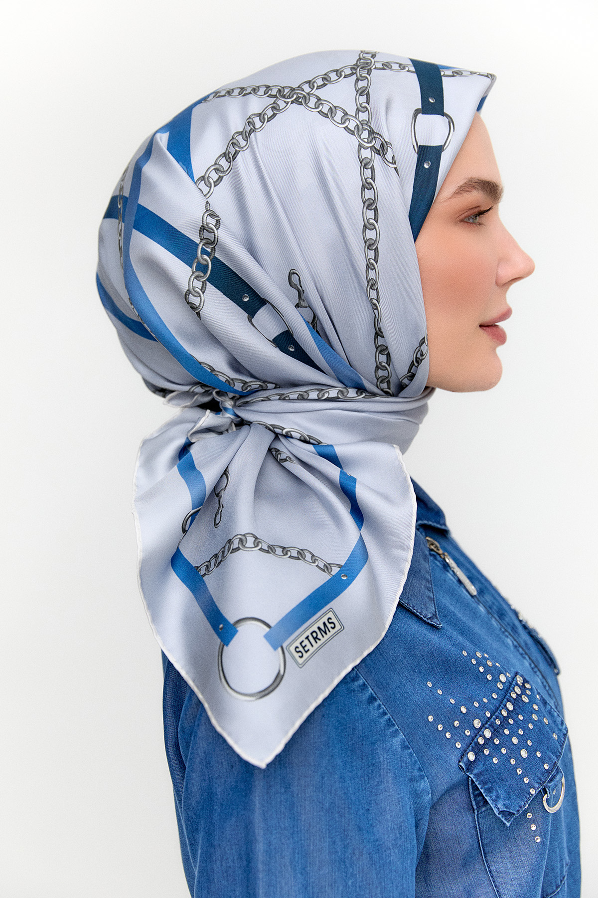 Zincir Desenli Twill İpek Eşarp, Tesettür Giyim