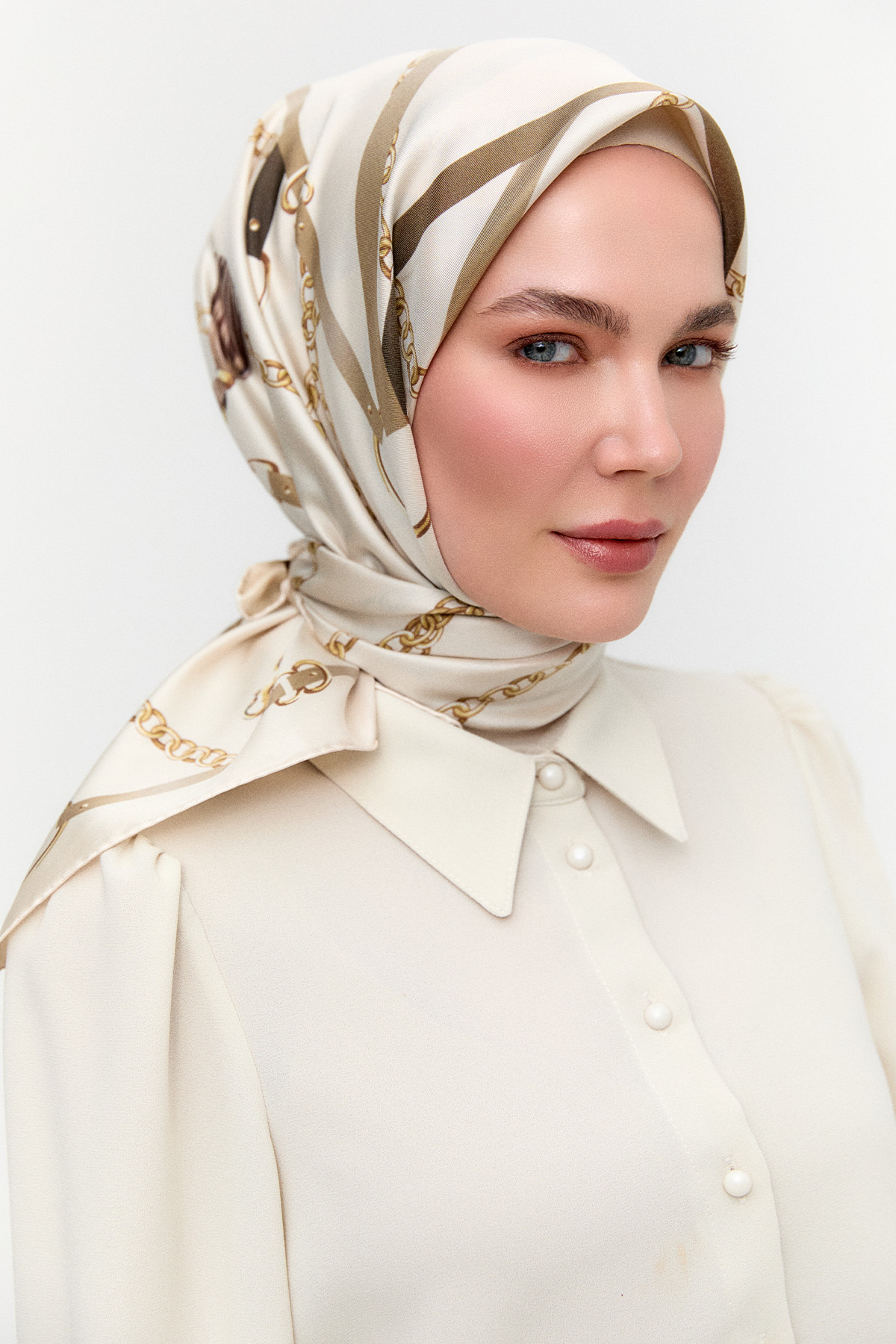 Zincir Desenli Twill İpek Eşarp, Tesettür Giyim