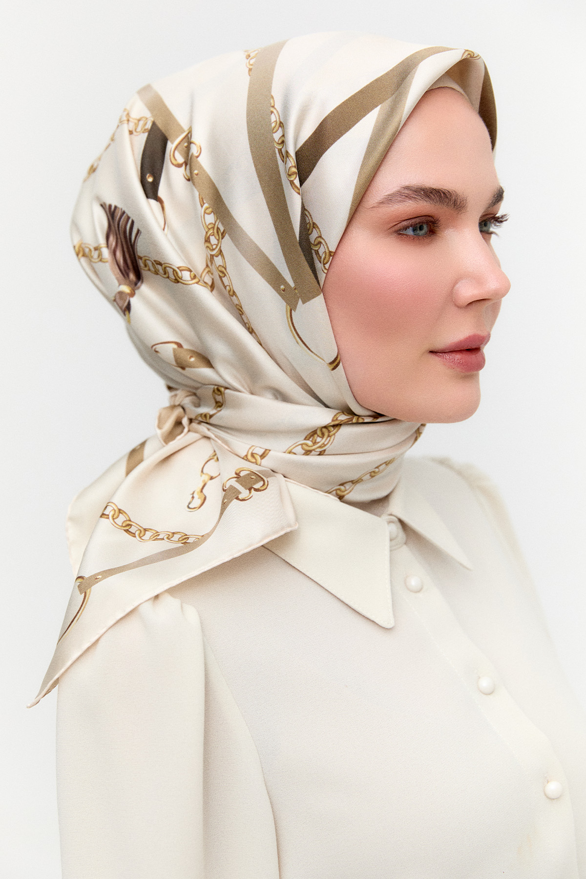 Zincir Desenli Twill İpek Eşarp, Tesettür Giyim