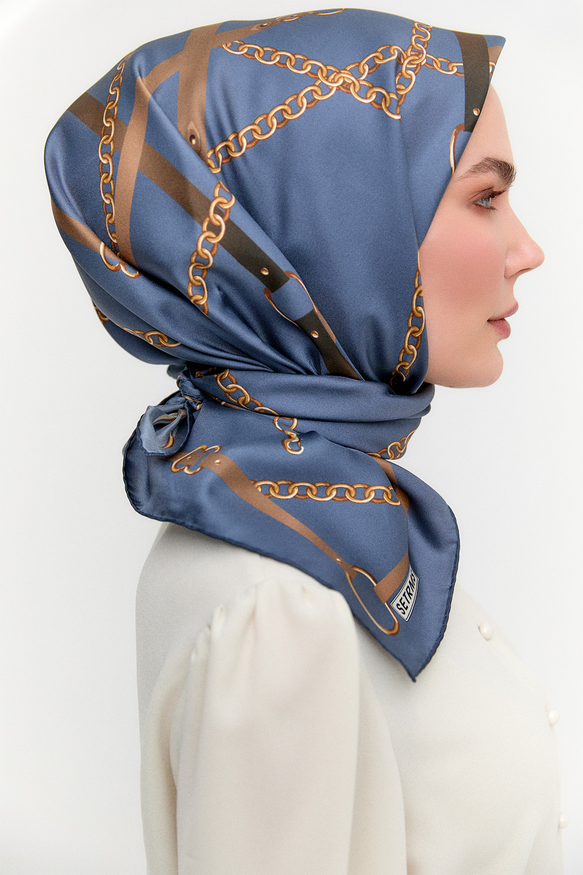 Zincir Desenli Twill İpek Eşarp, Tesettür Giyim