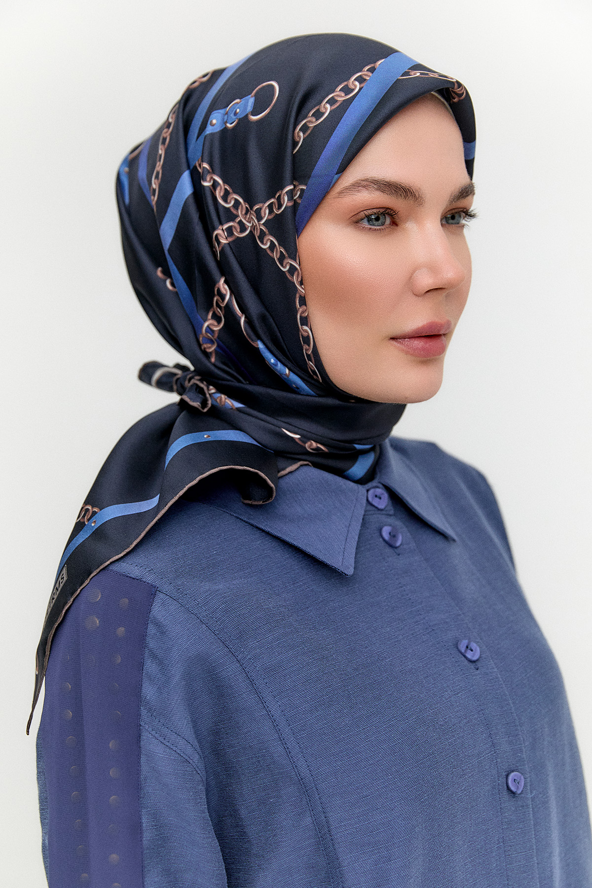 Zincir Desenli Twill İpek Eşarp, Tesettür Giyim