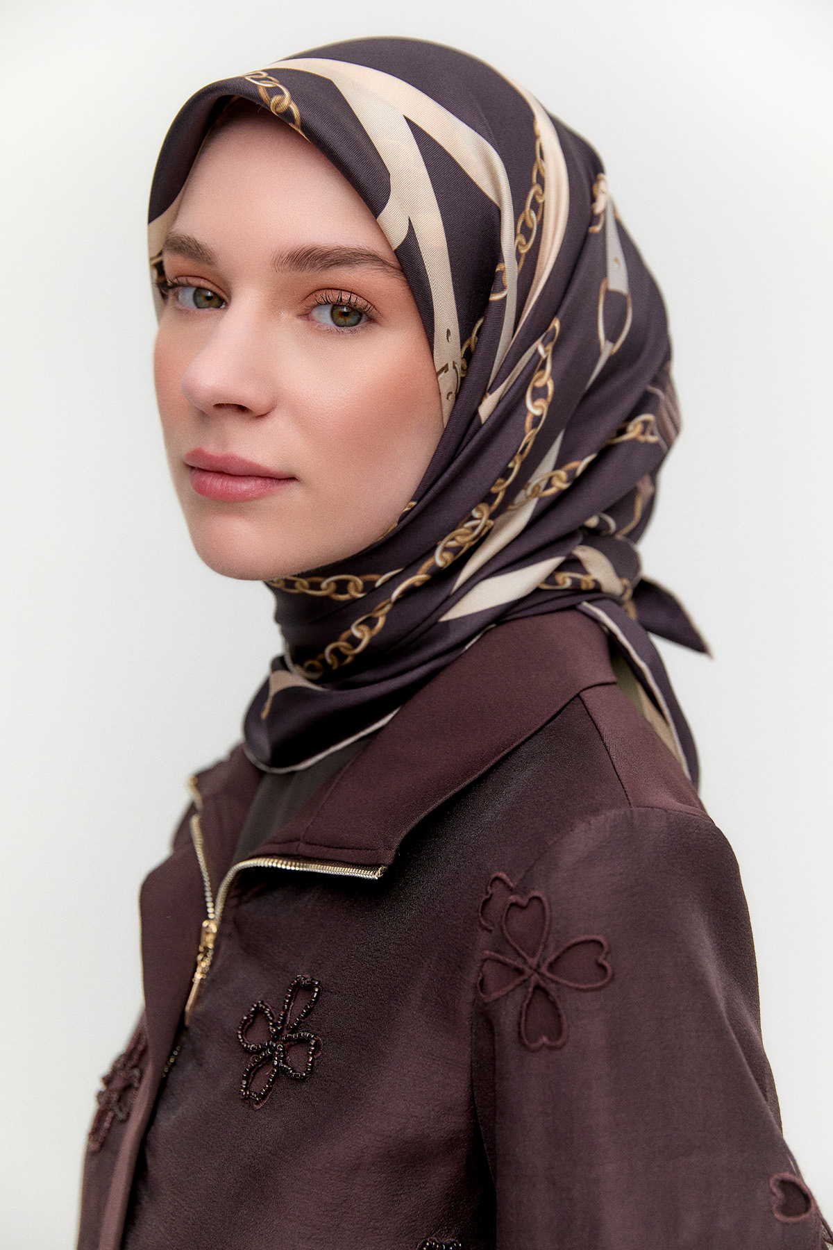 Zincir Desenli Twill İpek Eşarp, Tesettür Giyim