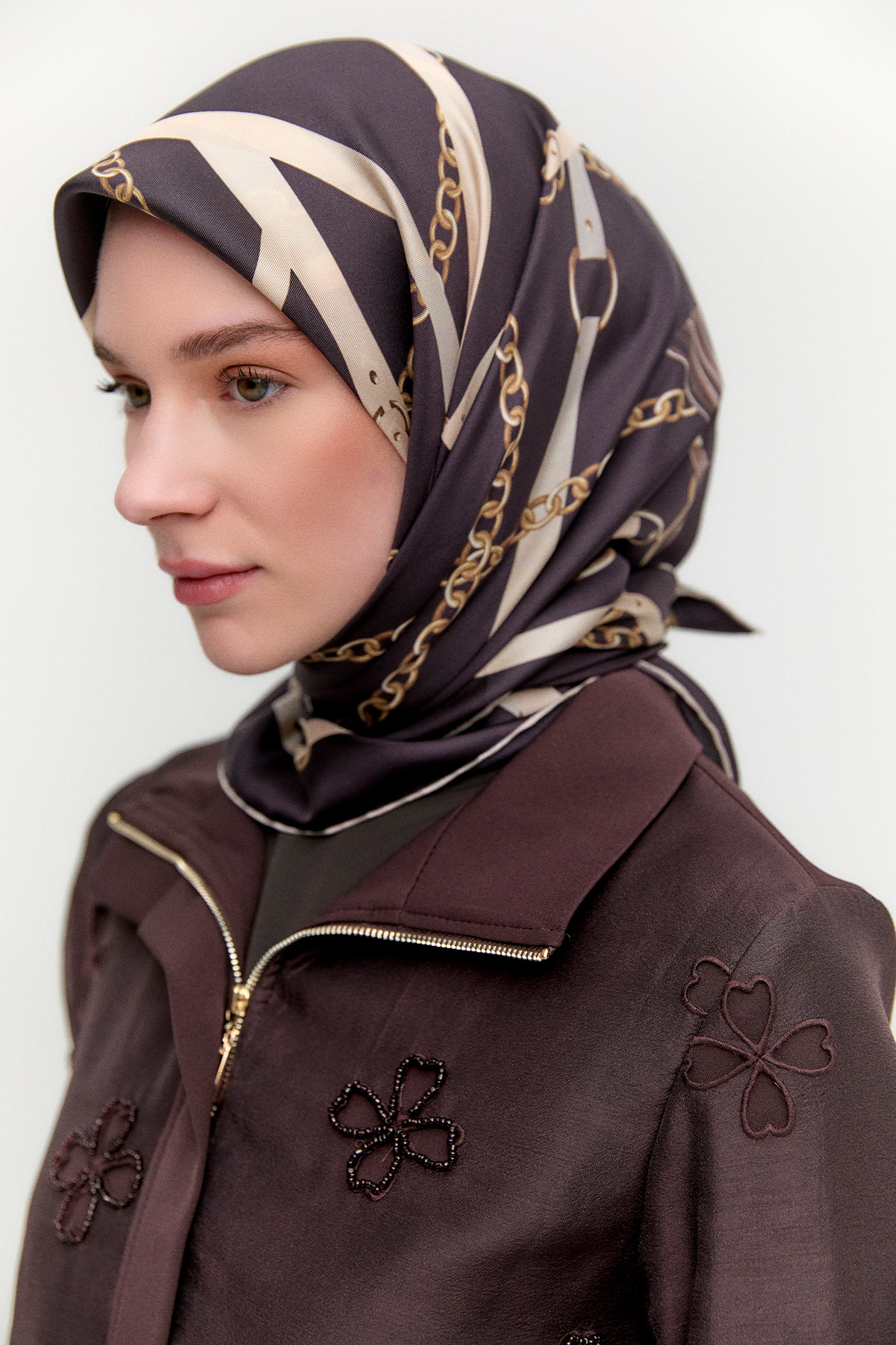 Zincir Desenli Twill İpek Eşarp, Tesettür Giyim