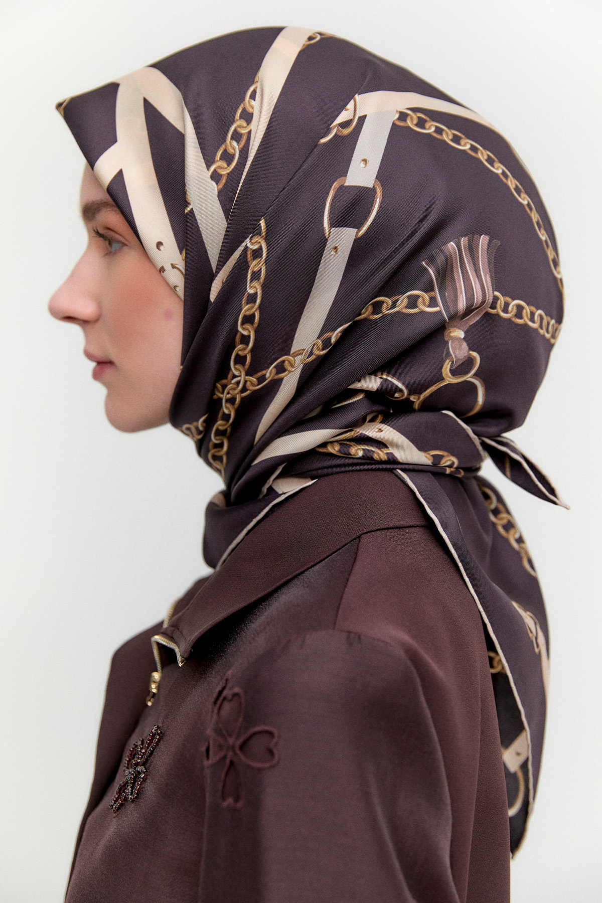 Zincir Desenli Twill İpek Eşarp, Tesettür Giyim
