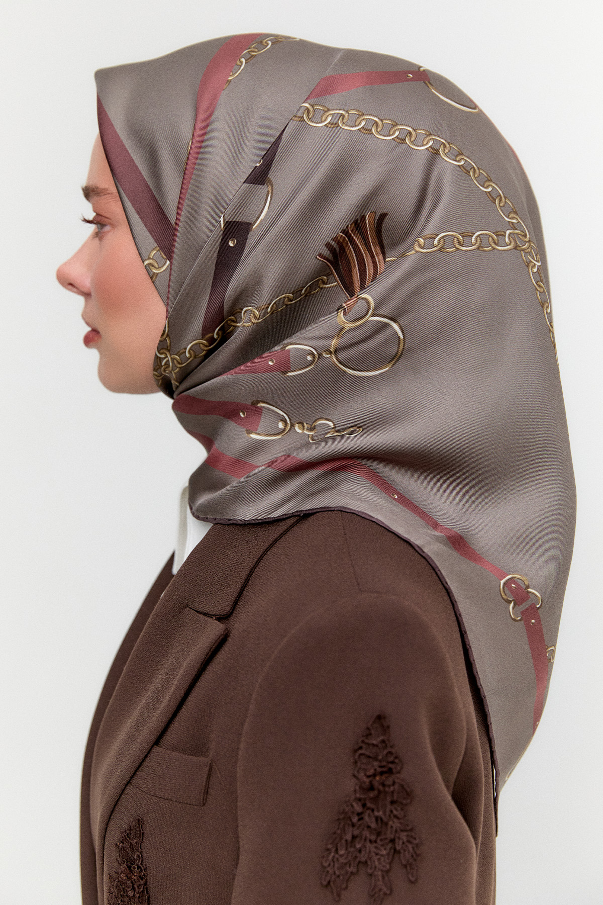 Zincir Desenli Twill İpek Eşarp, Tesettür Giyim