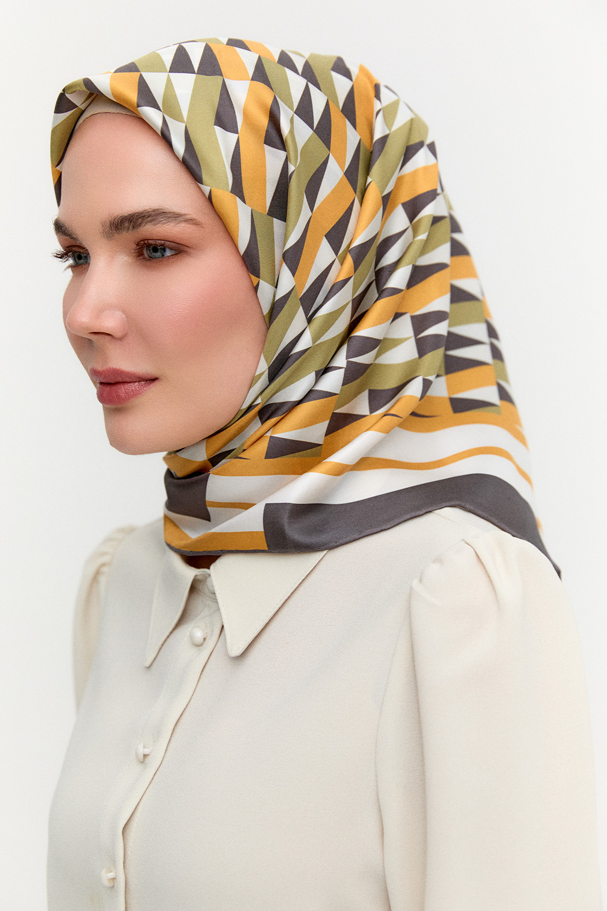Geometrik Desenli Twill İpek Eşarp, Tesettür Giyim