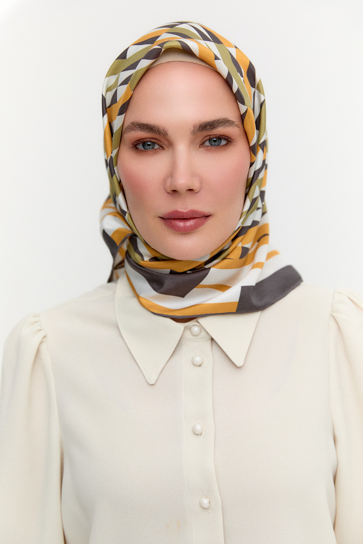 Geometrik Desenli Twill İpek Eşarp, Tesettür Giyim