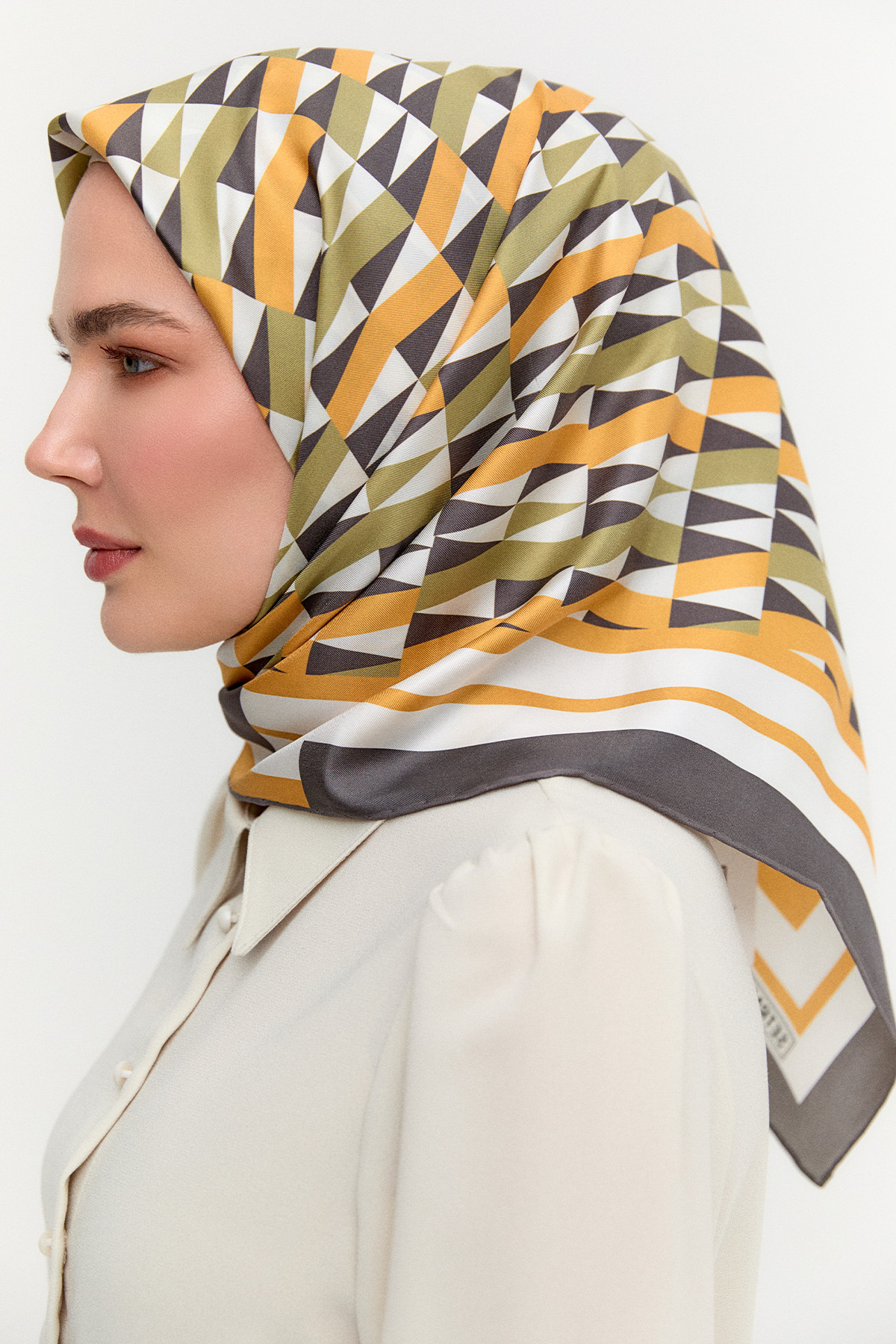 Geometrik Desenli Twill İpek Eşarp, Tesettür Giyim