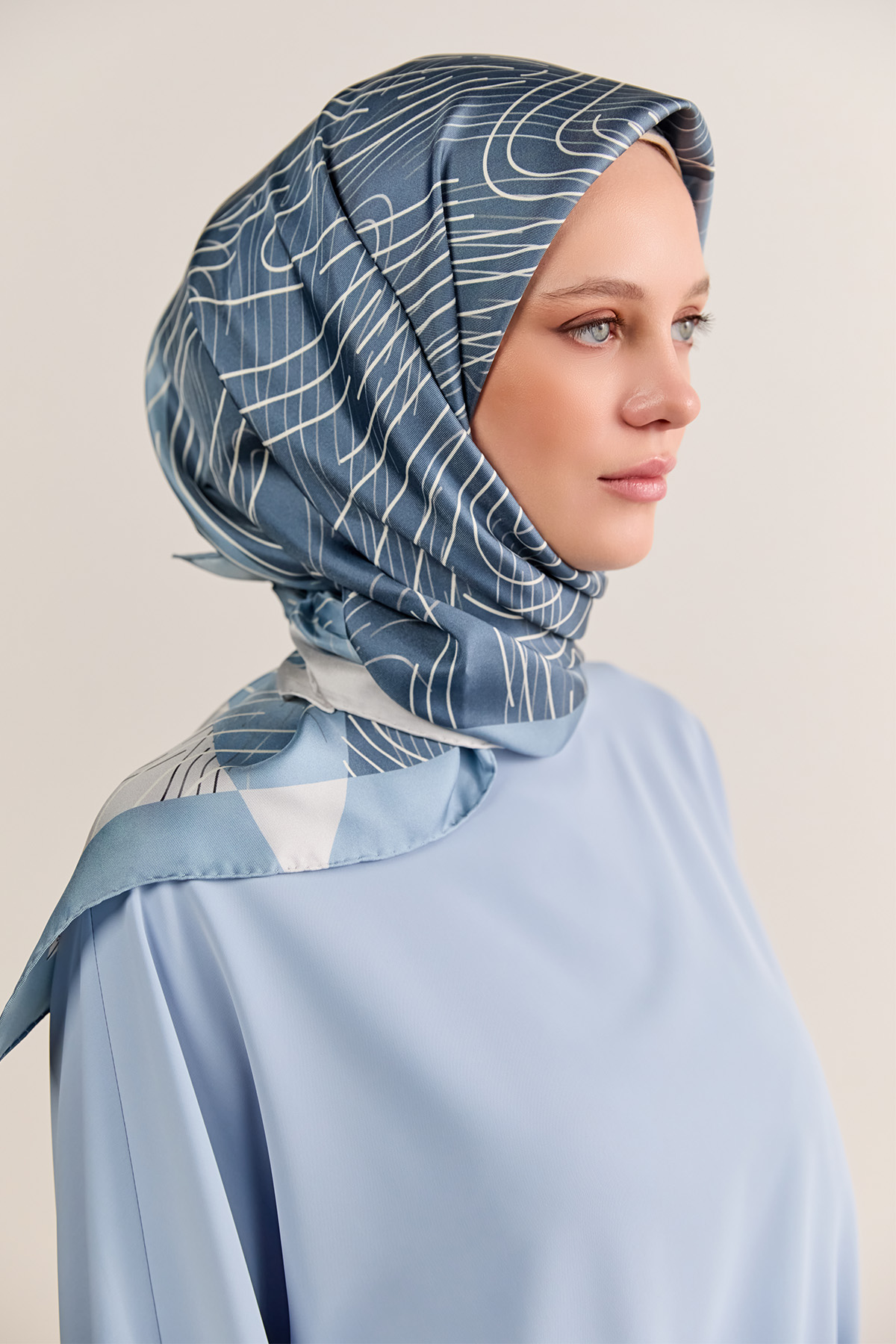 Çizgi Desenli Twill İpek Eşarp, Tesettür Giyim