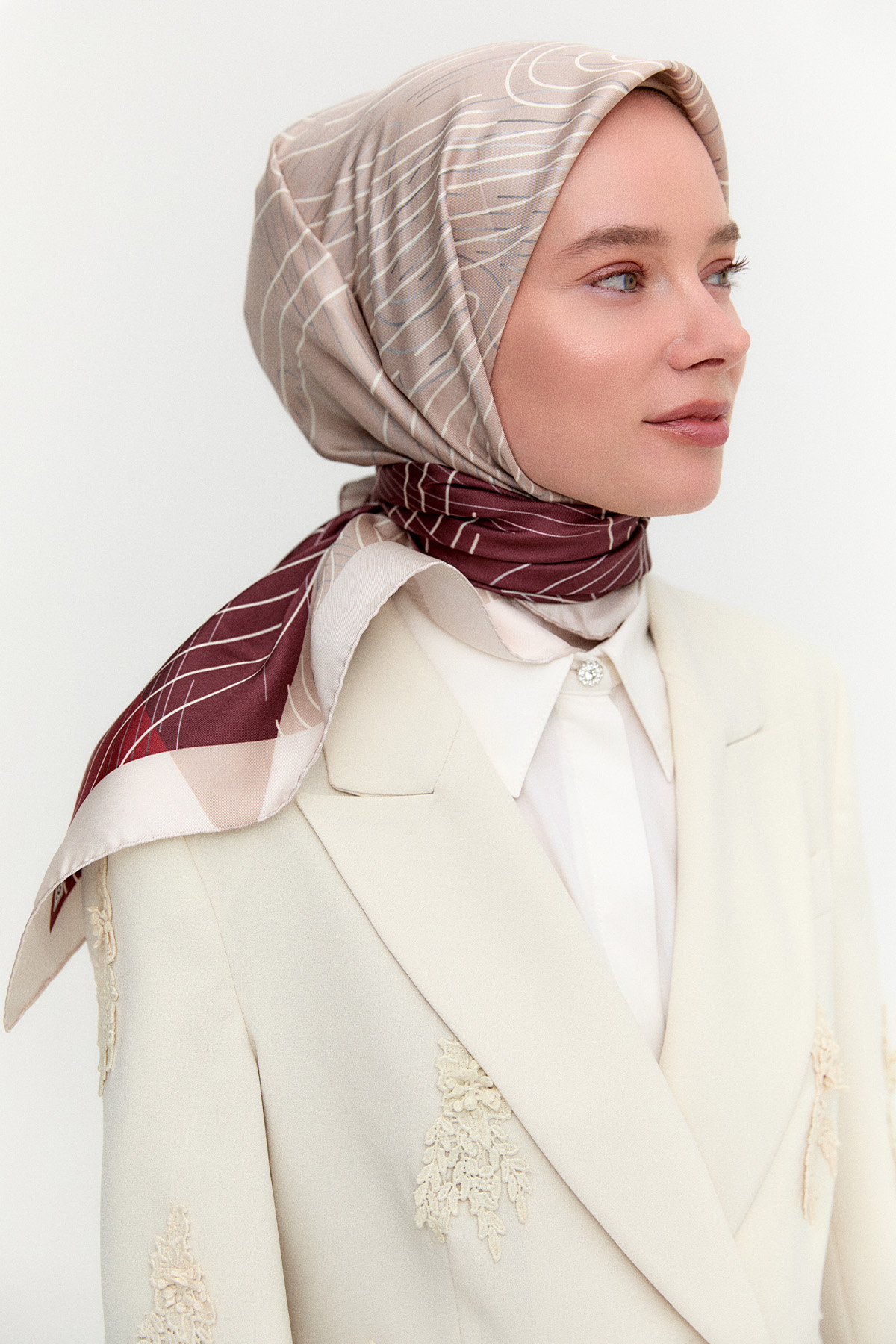 Çizgi Desenli Twill İpek Eşarp, Tesettür Giyim