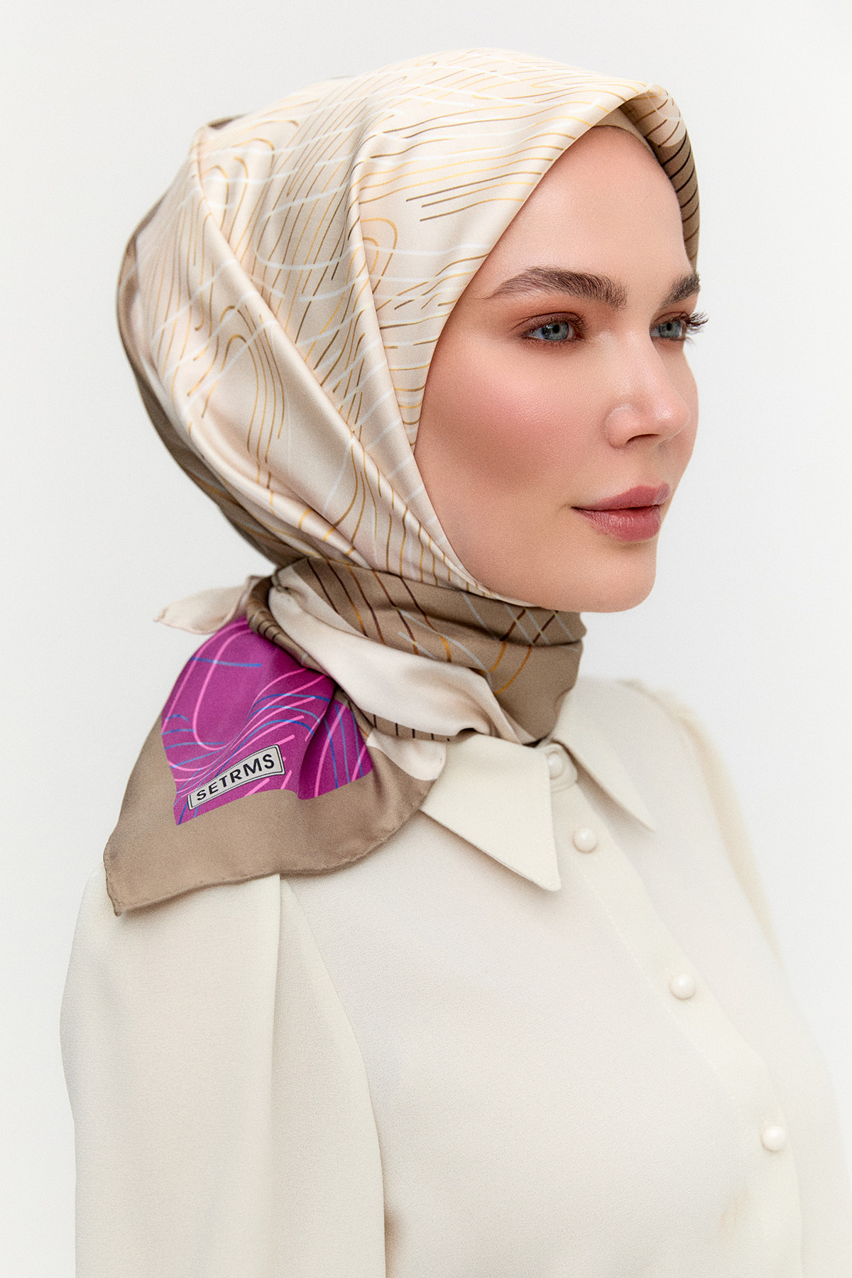 Çizgi Desenli Twill İpek Eşarp, Tesettür Giyim