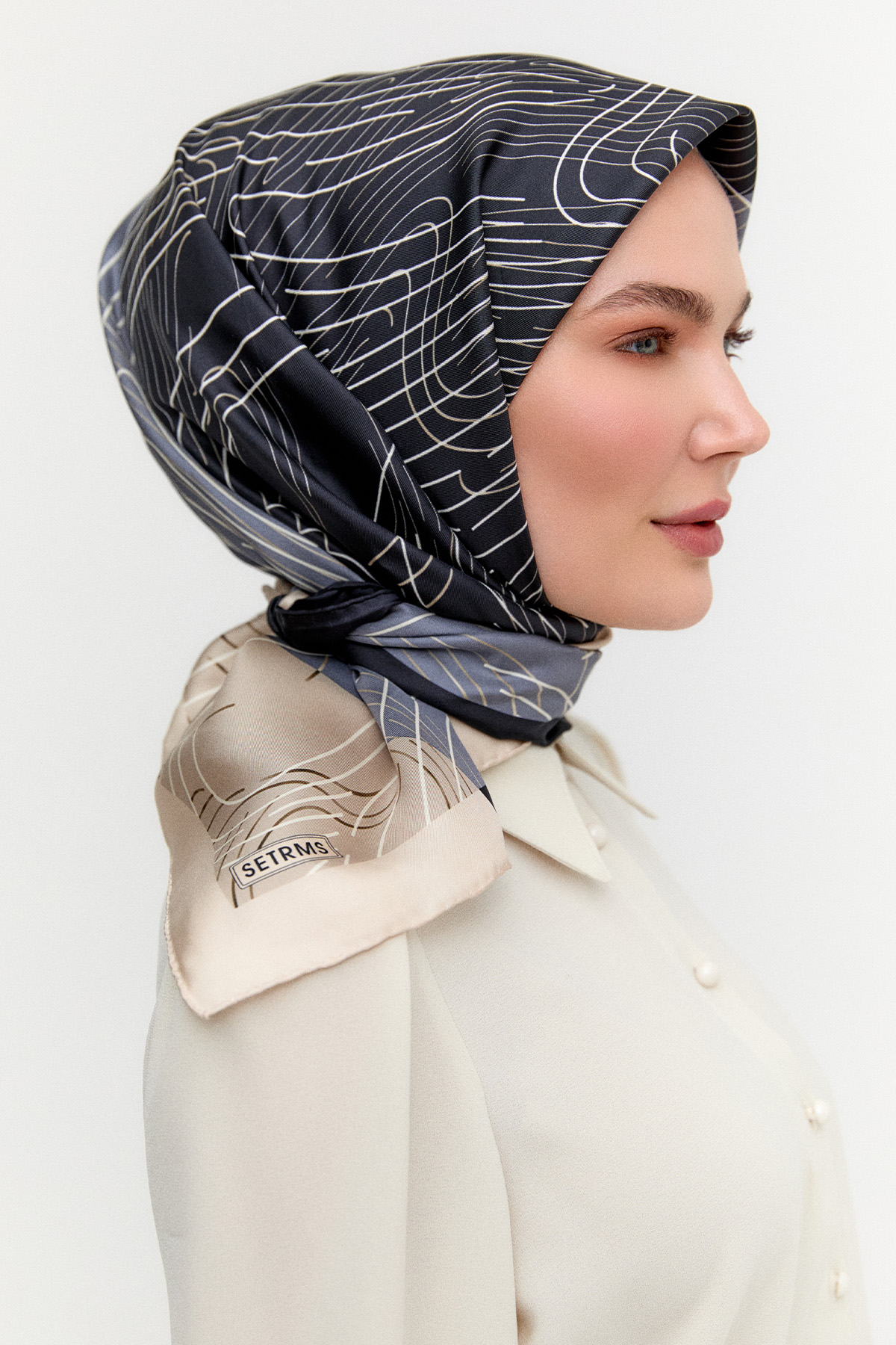 Çizgi Desenli Twill İpek Eşarp, Tesettür Giyim