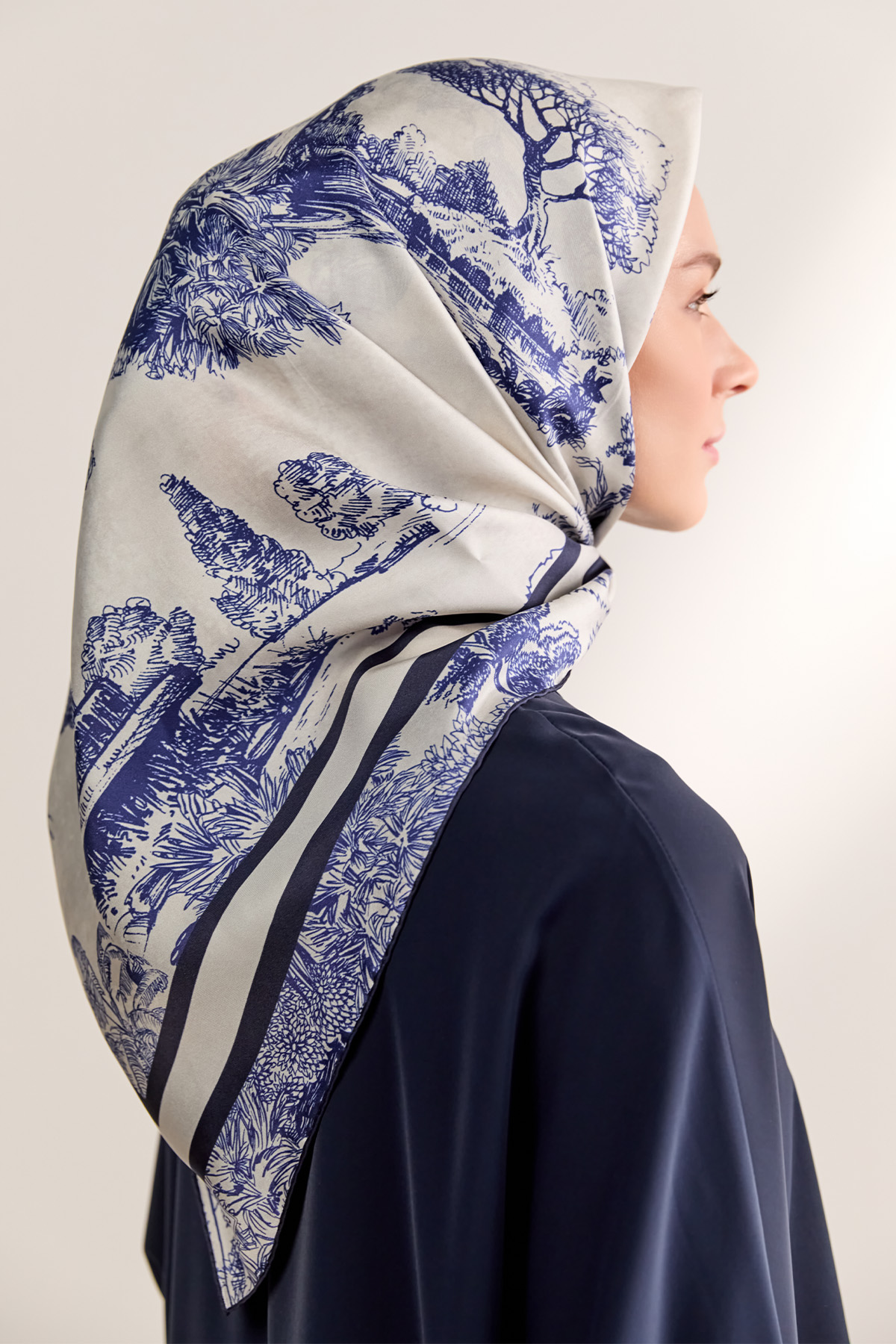 Doğa Desenli Twill İpek Eşarp, Tesettür Giyim