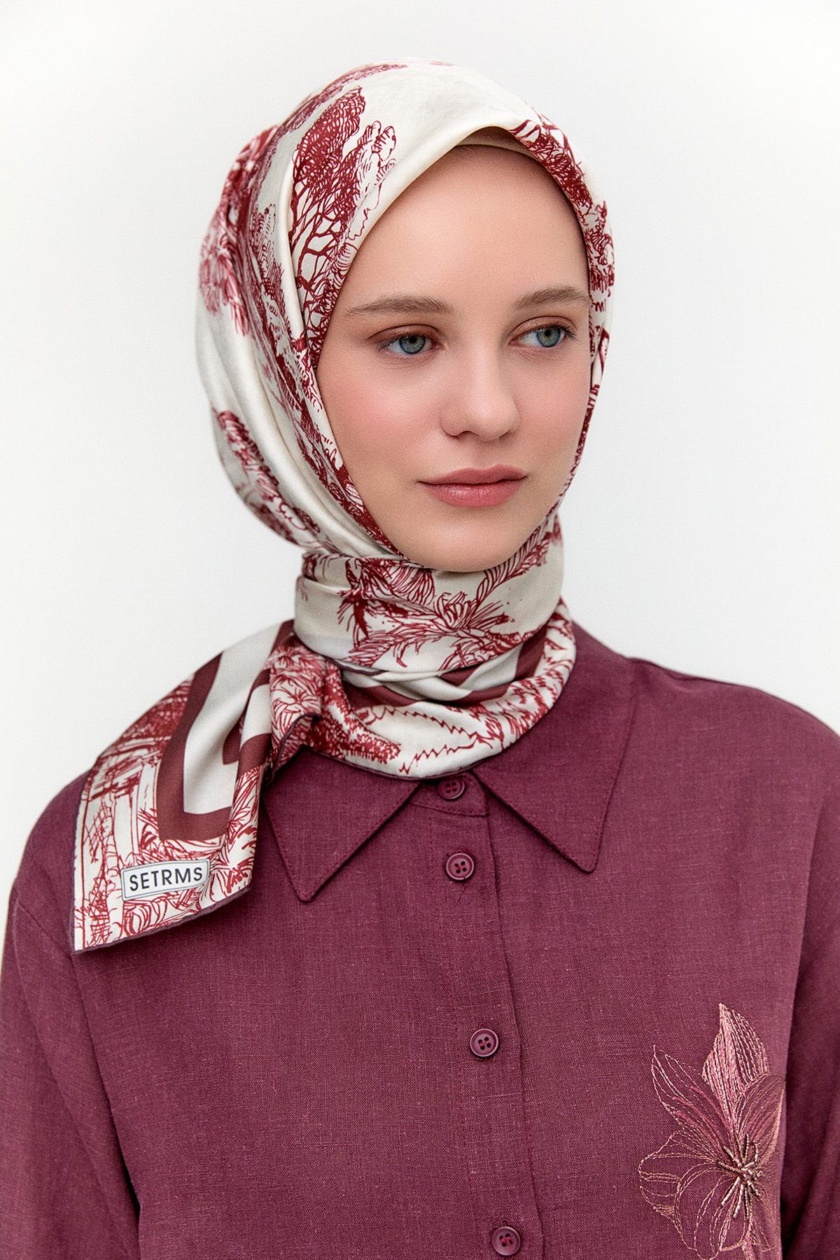 Doğa Desenli Twill İpek Eşarp, Tesettür Giyim