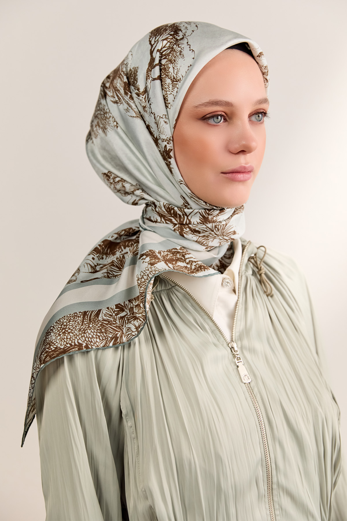 Doğa Desenli Twill İpek Eşarp, Tesettür Giyim
