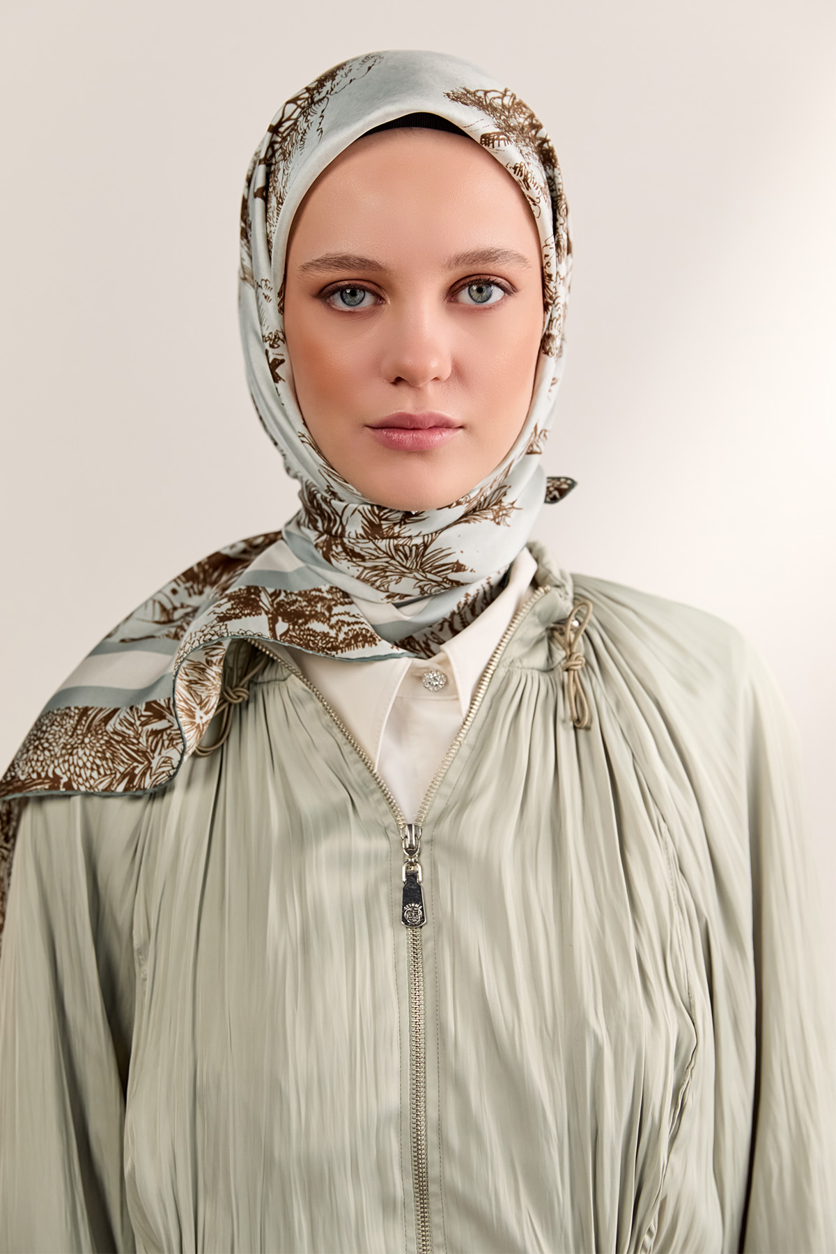 Doğa Desenli Twill İpek Eşarp, Tesettür Giyim