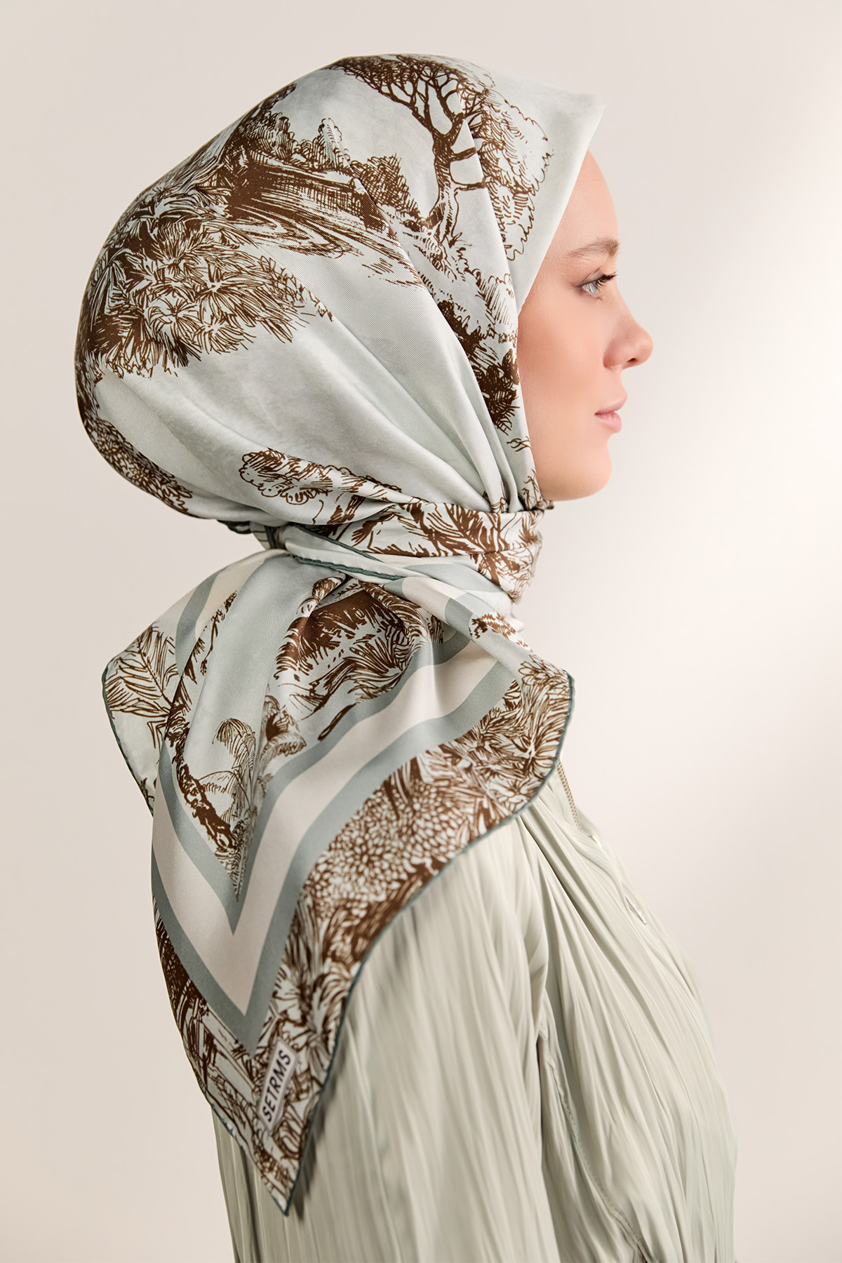 Doğa Desenli Twill İpek Eşarp, Tesettür Giyim