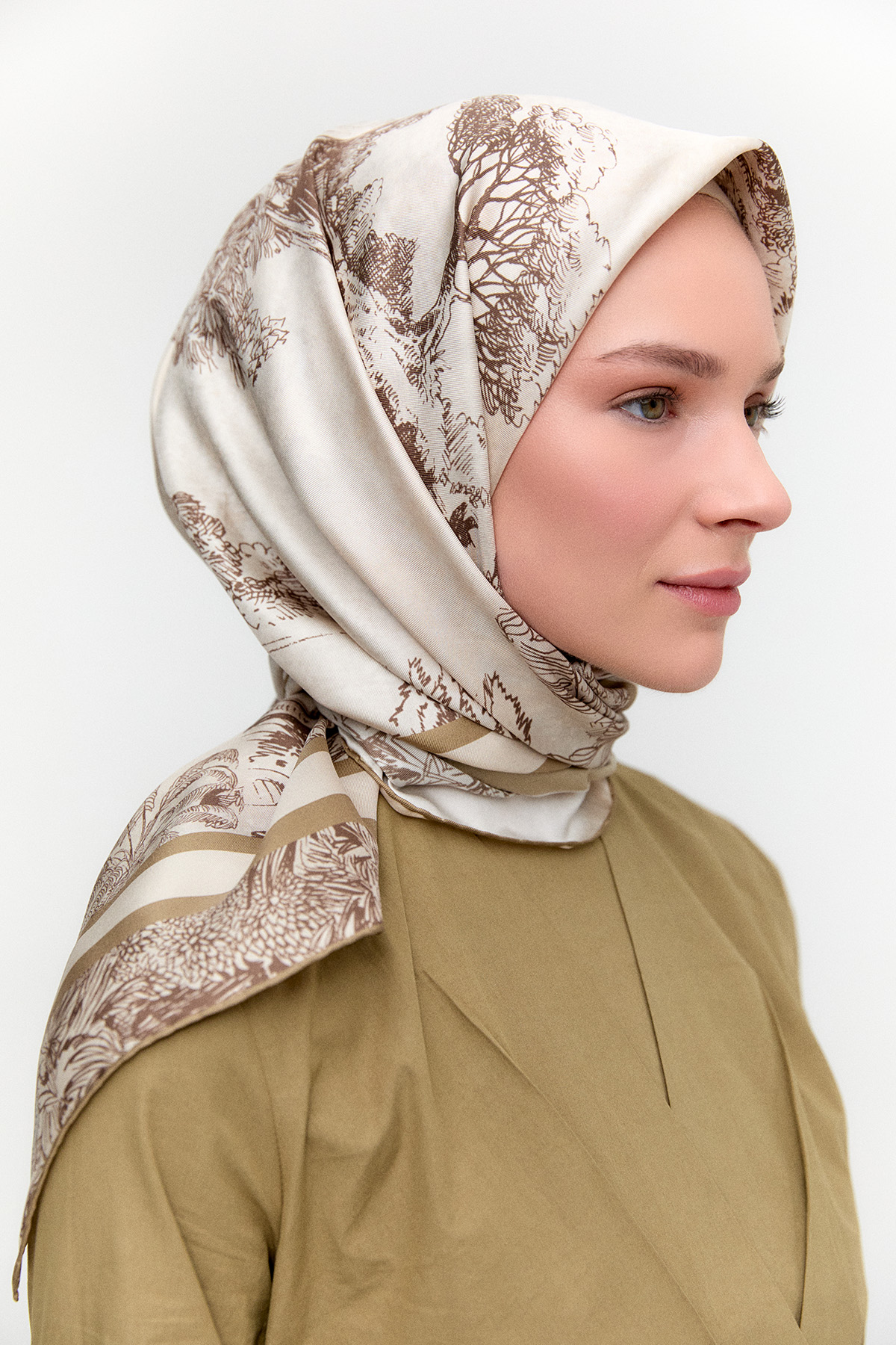Doğa Desenli Twill İpek Eşarp, Tesettür Giyim