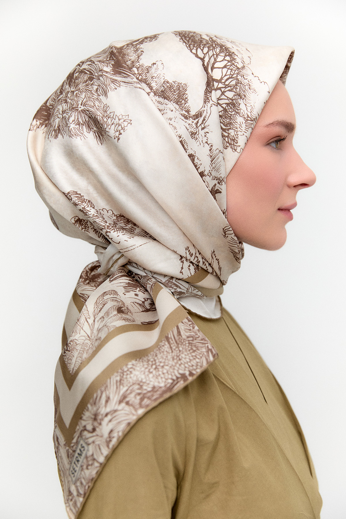 Doğa Desenli Twill İpek Eşarp, Tesettür Giyim