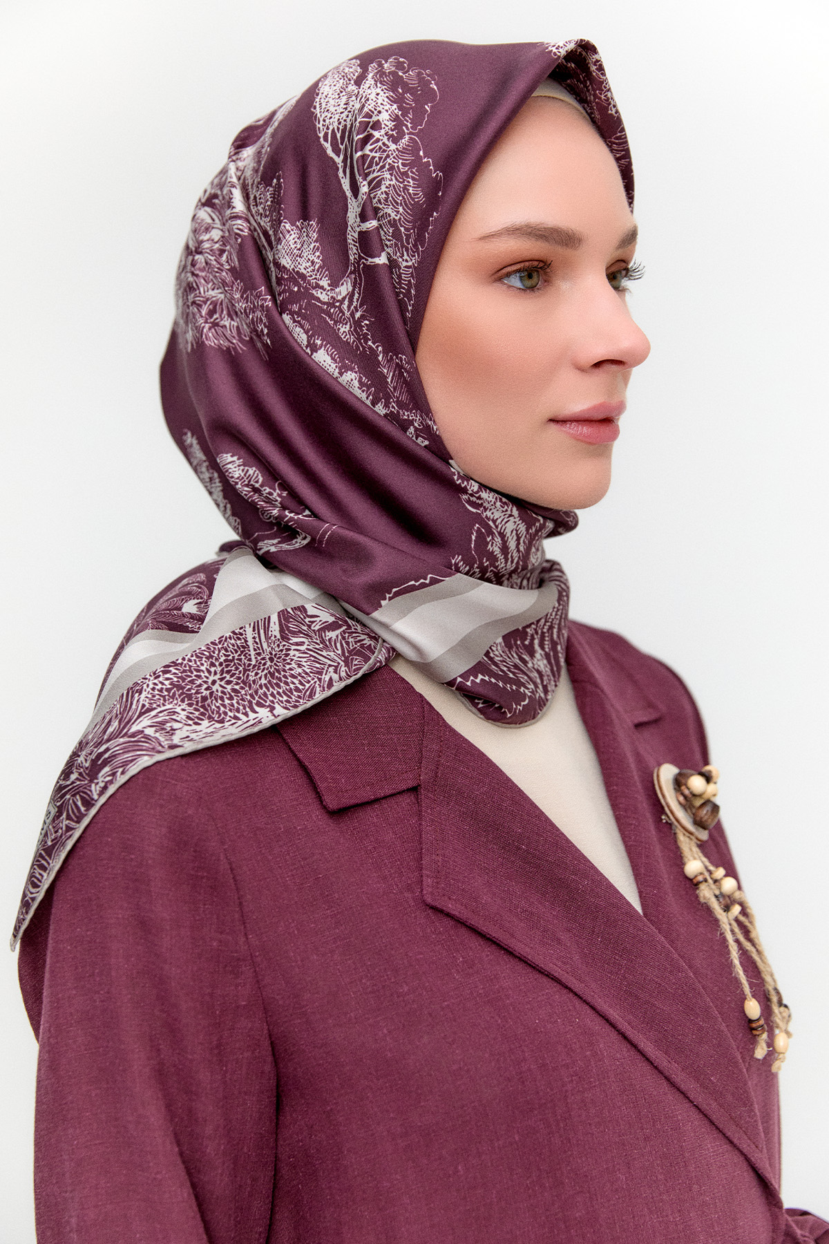Doğa Desenli Twill İpek Eşarp, Tesettür Giyim