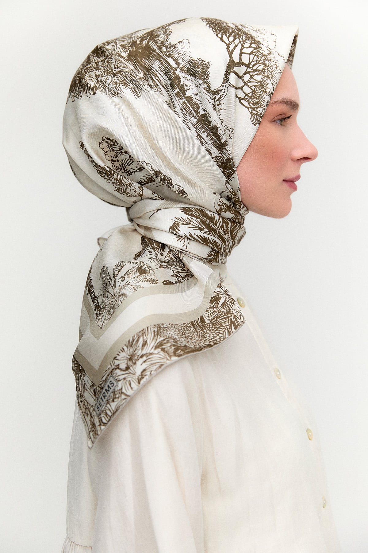 Doğa Desenli Twill İpek Eşarp, Tesettür Giyim