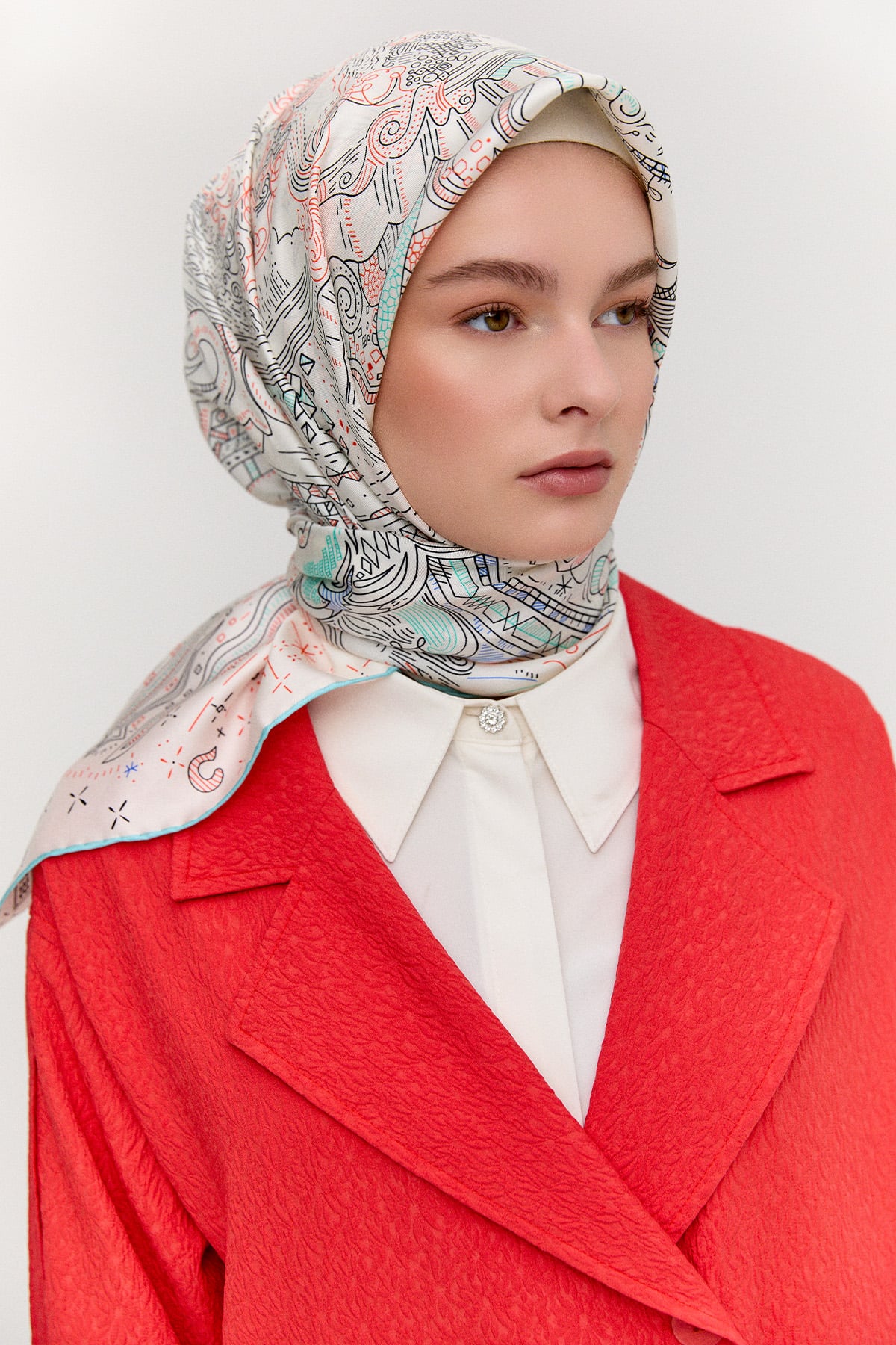 Çizim Desenli Twill İpek Eşarp, Tesettür Giyim