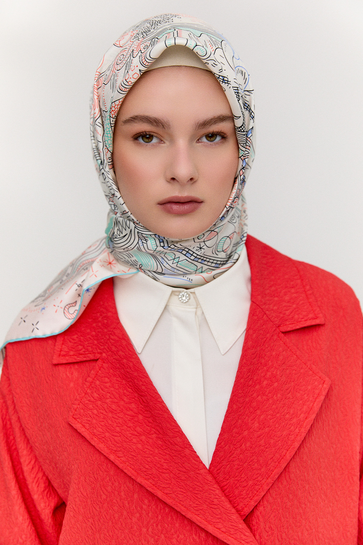 Çizim Desenli Twill İpek Eşarp, Tesettür Giyim