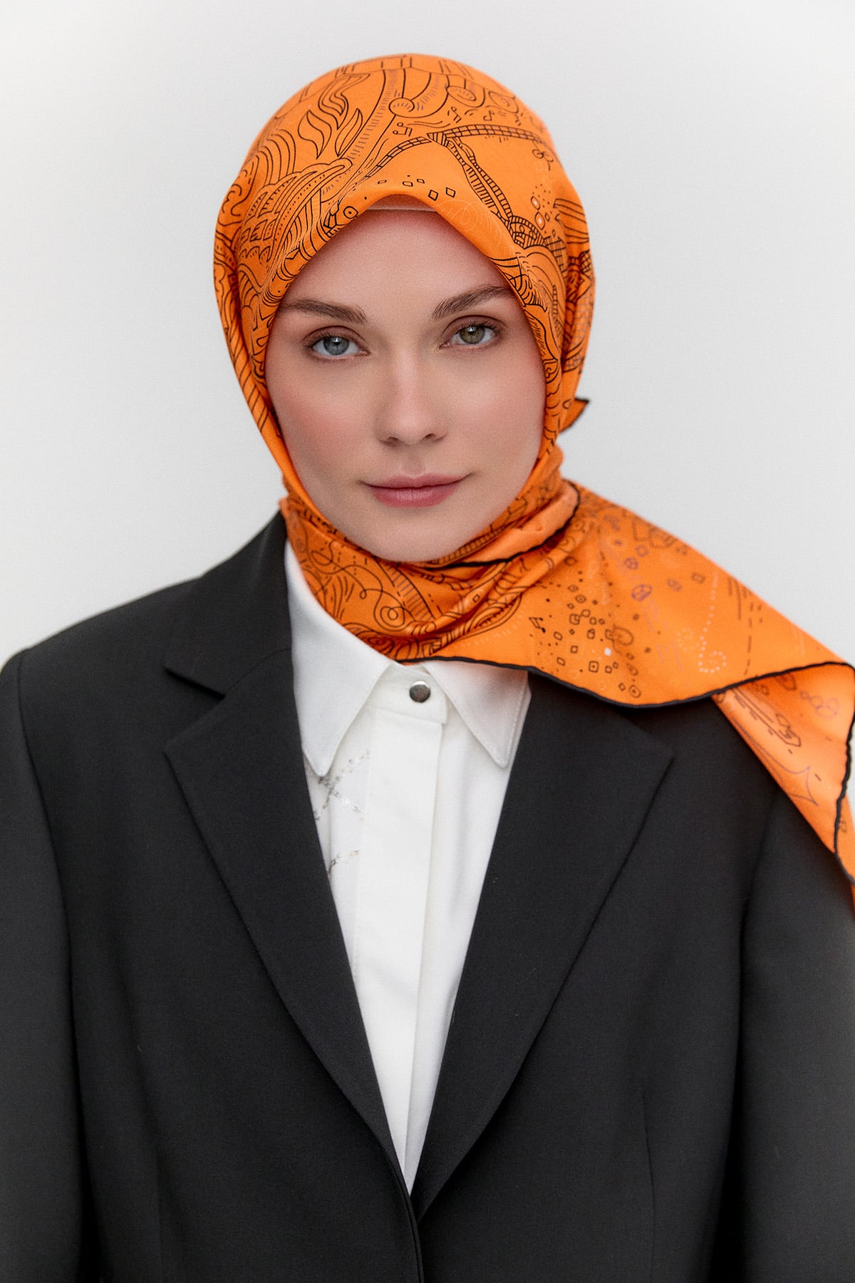 Çizim Desenli Twill İpek Eşarp, Tesettür Giyim
