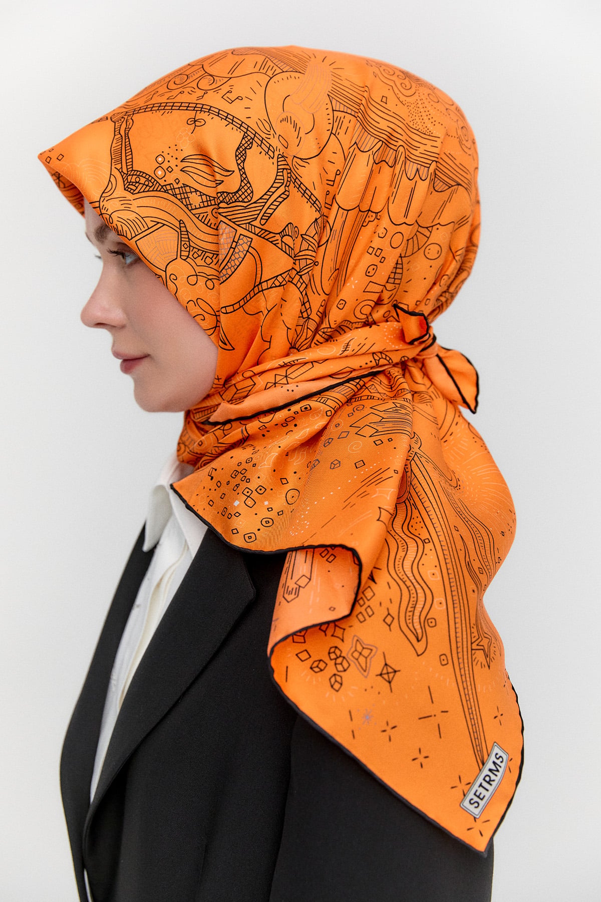 Çizim Desenli Twill İpek Eşarp, Tesettür Giyim