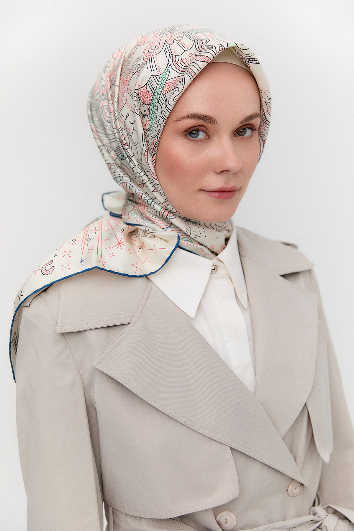 Çizim Desenli Twill İpek Eşarp, Tesettür Giyim