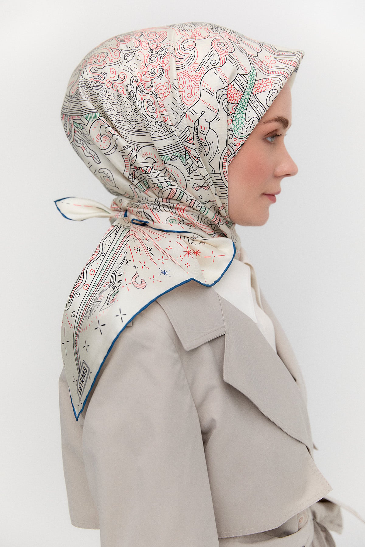 Çizim Desenli Twill İpek Eşarp, Tesettür Giyim