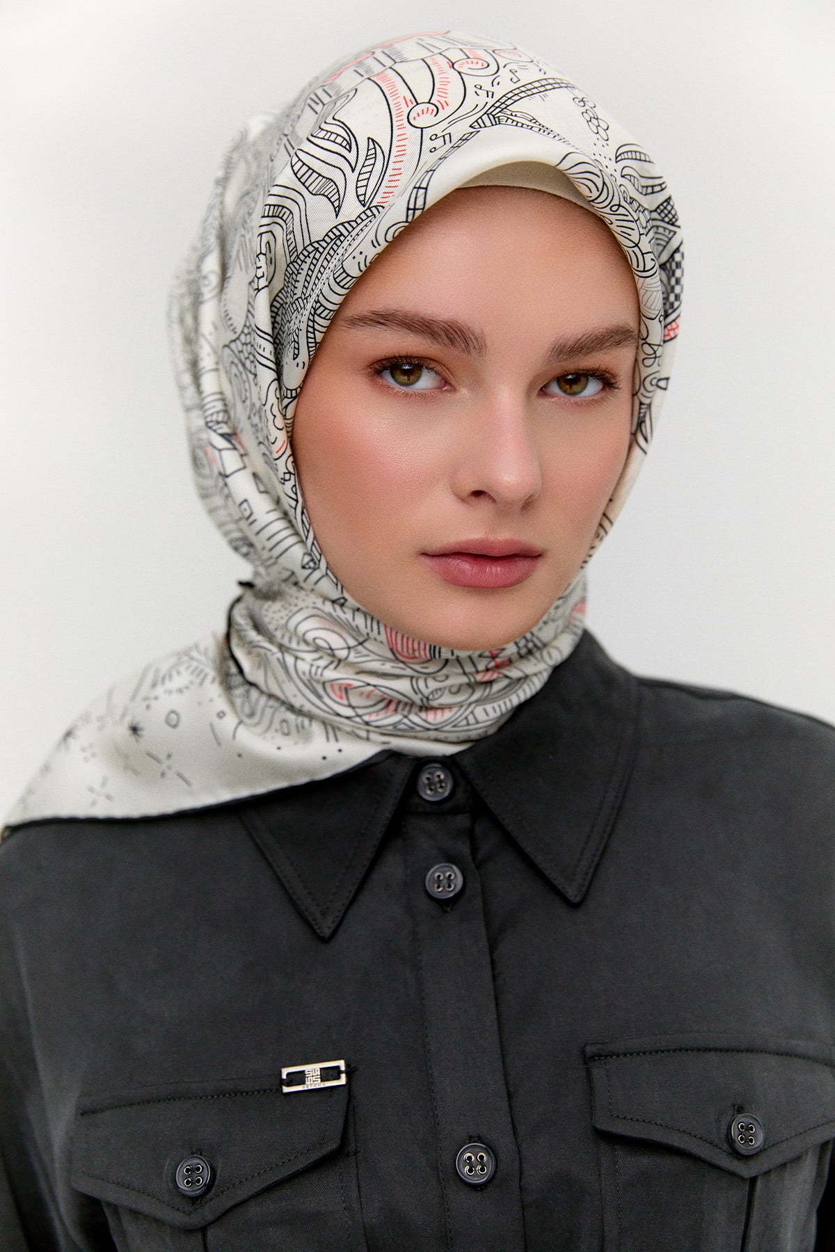 Çizim Desenli Twill İpek Eşarp, Tesettür Giyim