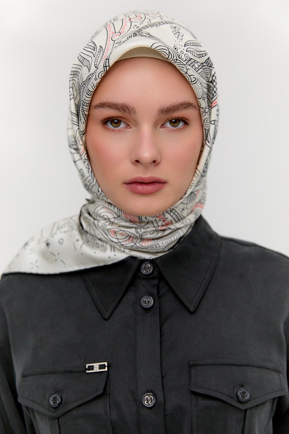 Çizim Desenli Twill İpek Eşarp, Tesettür Giyim