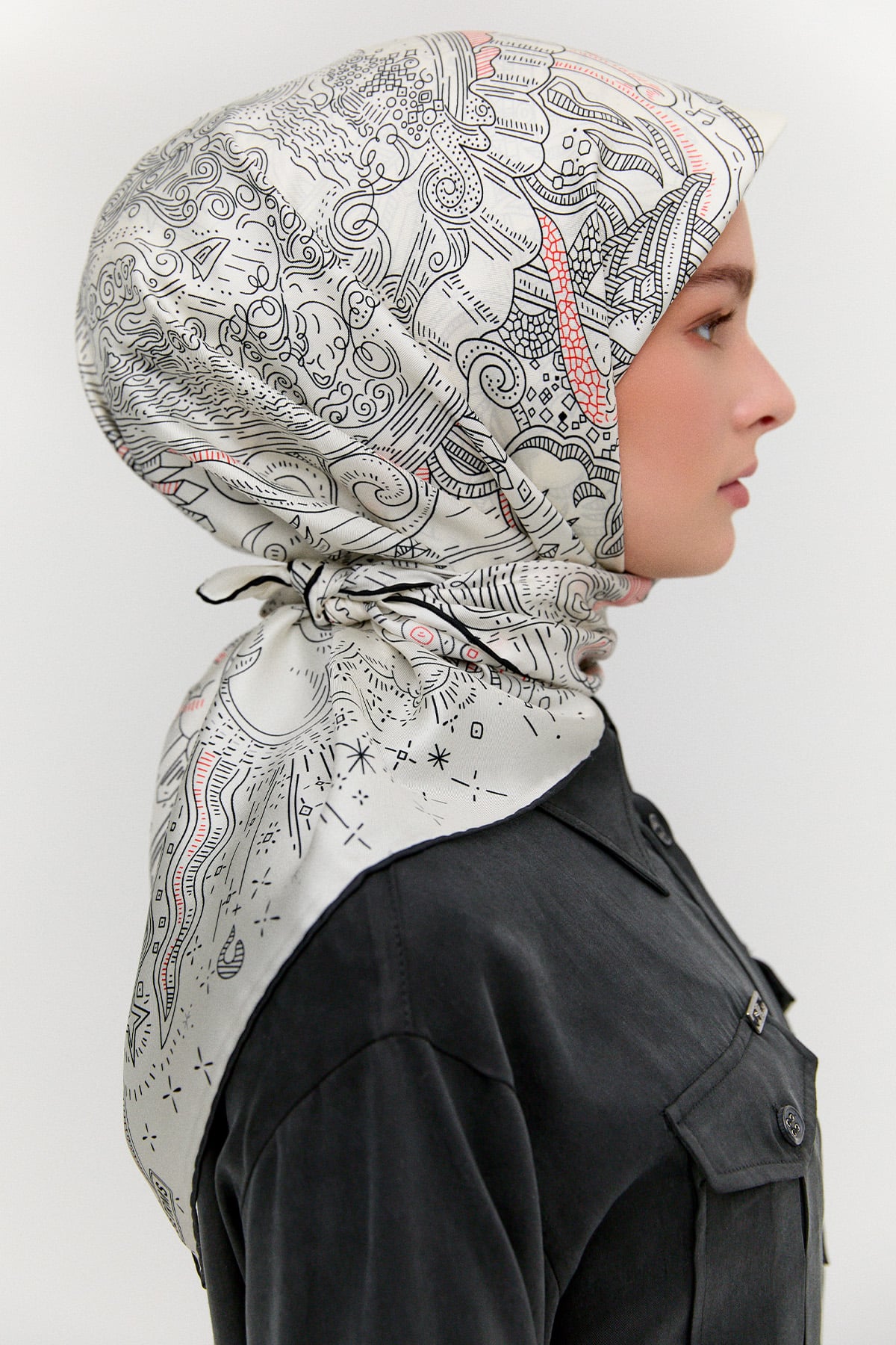 Çizim Desenli Twill İpek Eşarp, Tesettür Giyim