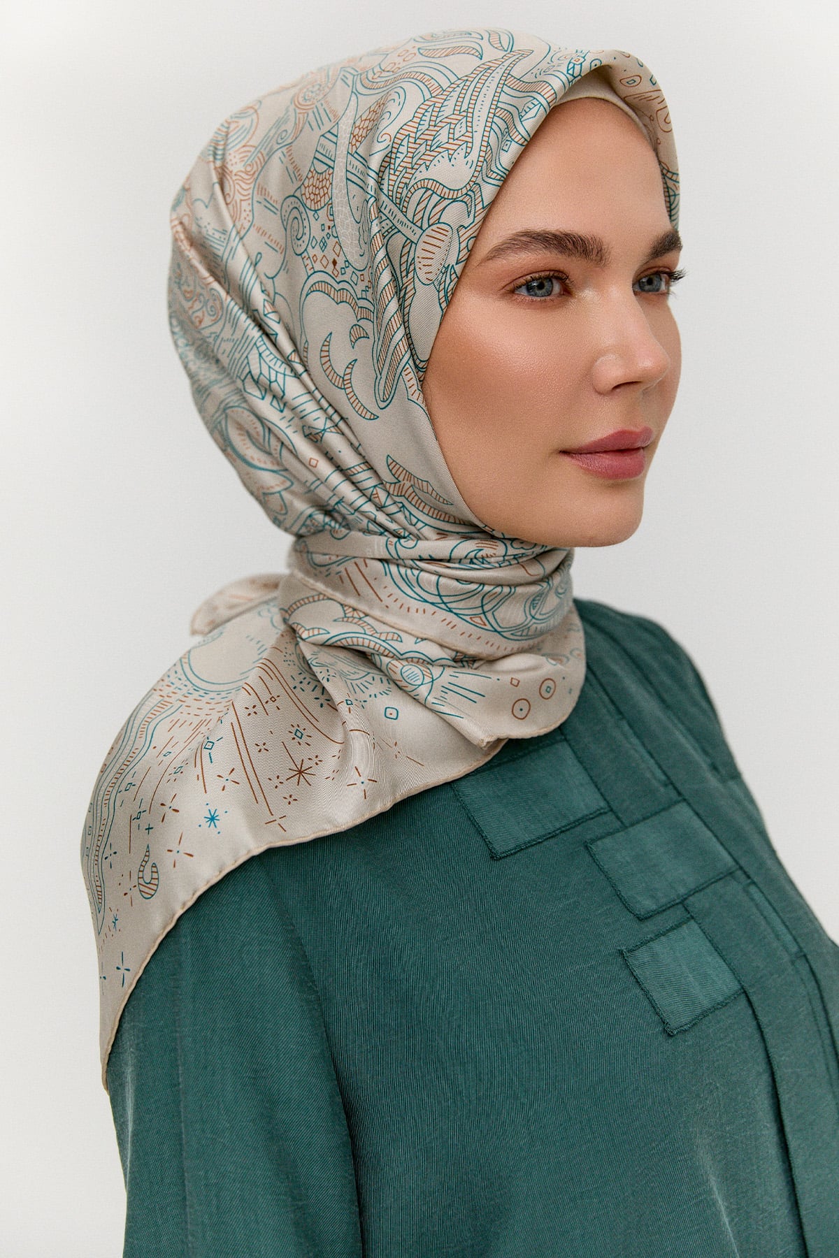 Çizim Desenli Twill İpek Eşarp, Tesettür Giyim