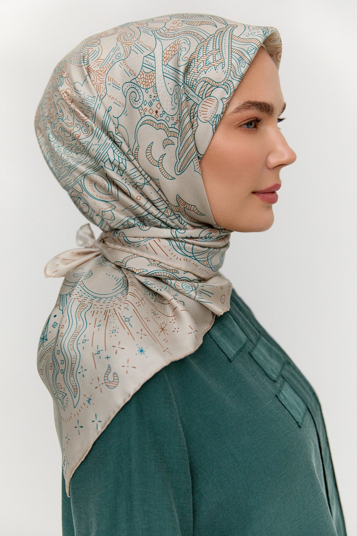Çizim Desenli Twill İpek Eşarp, Tesettür Giyim