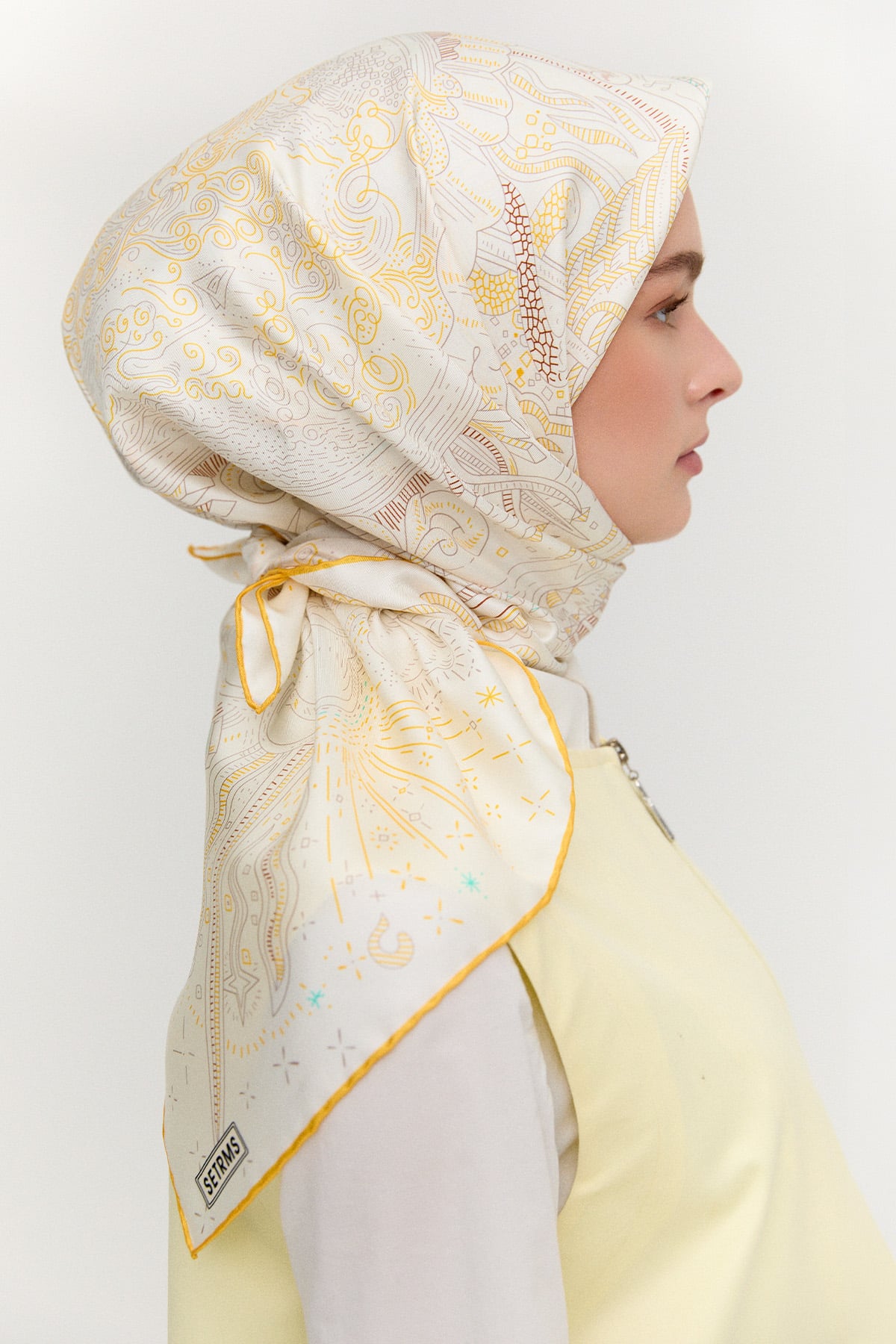 Çizim Desenli Twill İpek Eşarp, Tesettür Giyim